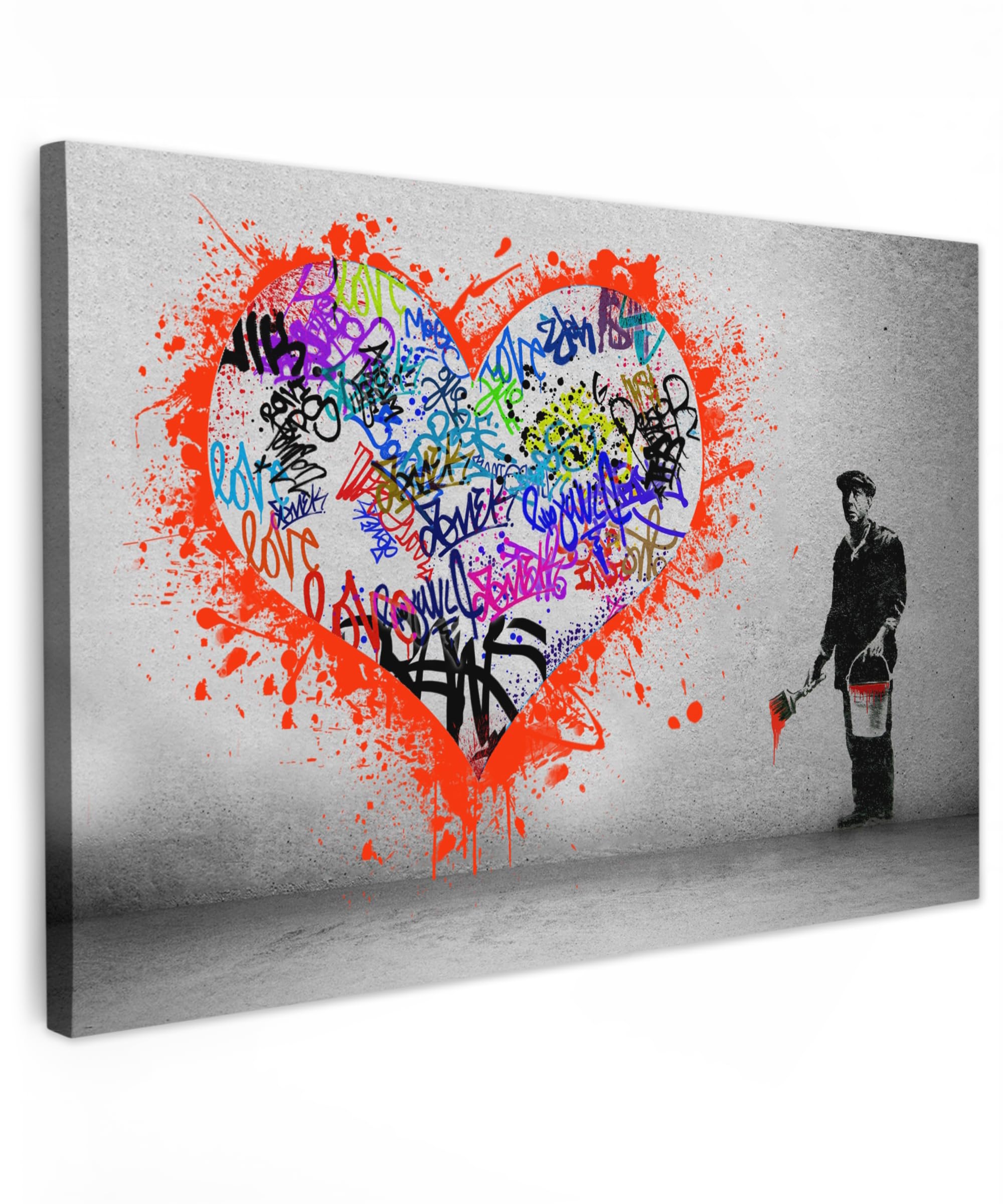 MuchoWow© Wandbilder Groß 120x80 cm XXL Wohnzimmer Wanddeko Schlafzimmer Zimmerdeko Fotowand Zimmer Deko Wand Dekoration Banksy Leinwand Bilder - Pop und Street Art - Graffiti Bild - Herz - Mann