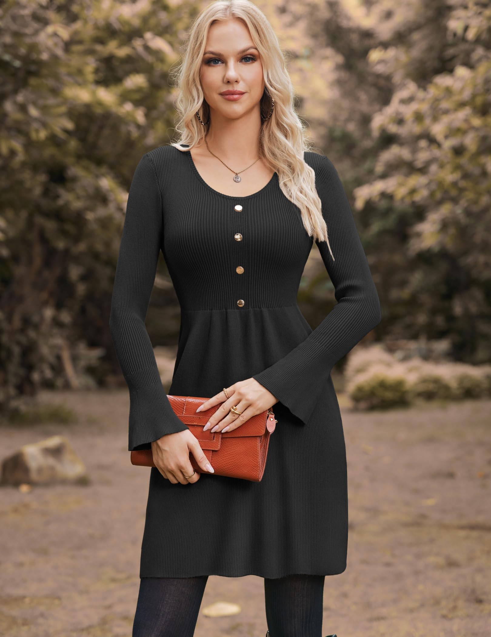 Zeagoo Robe en tricot pour femme - Manches longues - Col en V - Robe pull élégante - Robe d'hiver unie - Robe midi avec manches trompette