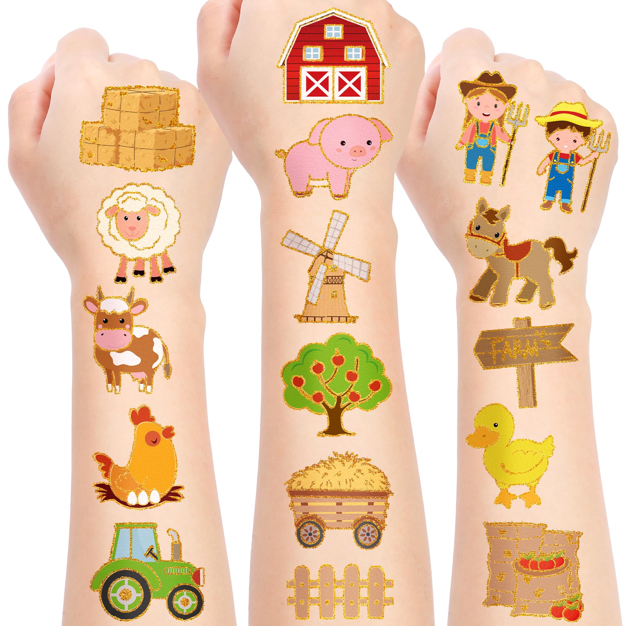 Elcoho 144 Pieces Farm Party Tattoo Stickers Assorted Temporary Barnyard Animals Stickers Fake Animal Tattoos Decal Farm Party Favor Supplies Goody Bag Filler Gifts