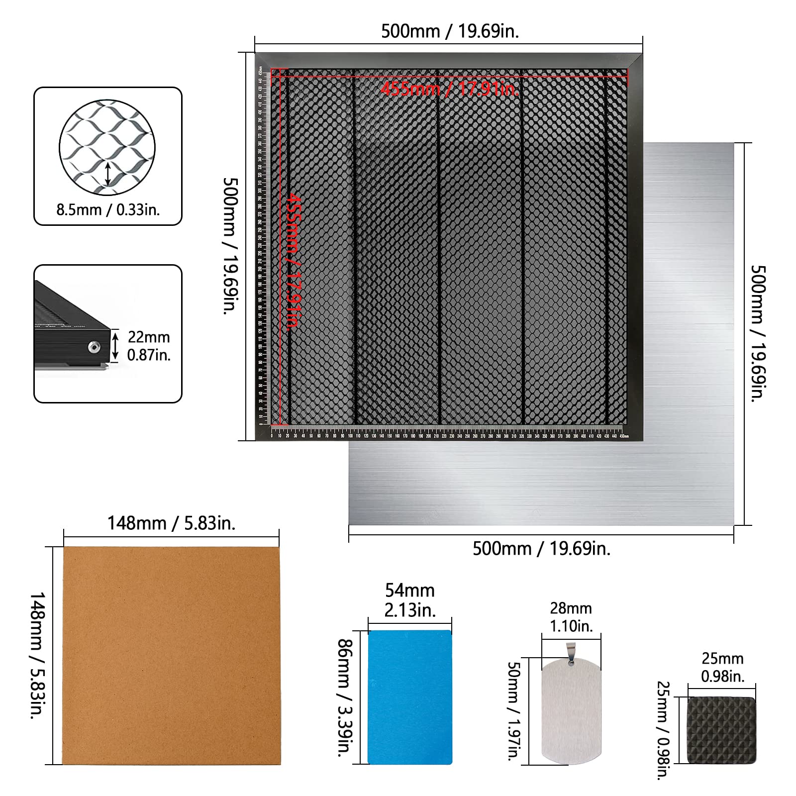 Honeycomb - Letto laser con piastra in alluminio, tavolo Honeycomb per taglio laser e incisione, griglia laser di accessori per incisione, 50 x 50 x 2,2 cm