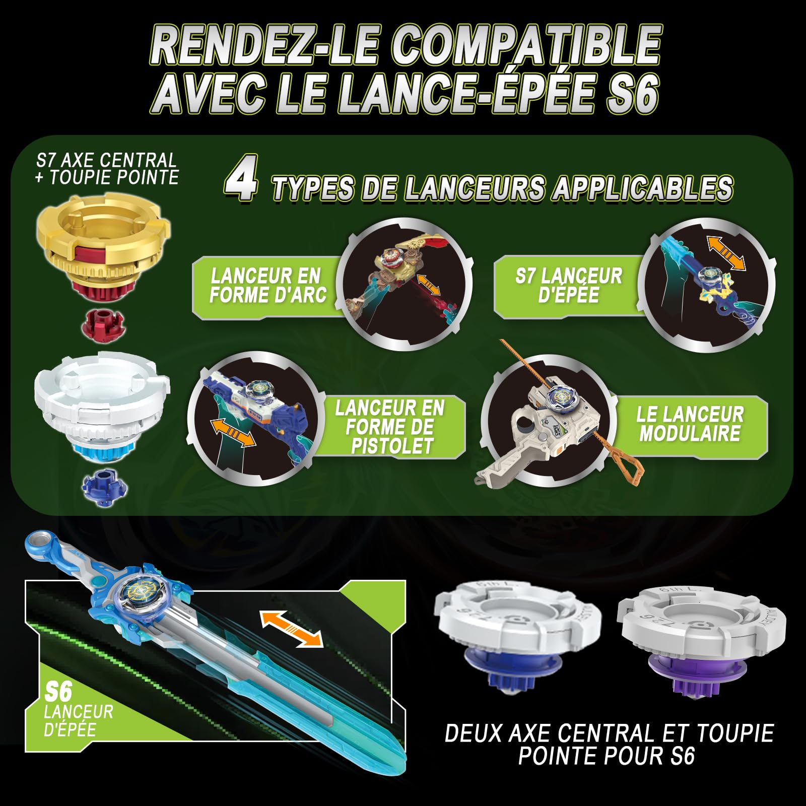 INFINITY NADO S7 Set 2 toupies métal + 2 lanceurs modulables 5+ | Set 2 toupies métal défense/endurance, 2 lanceurs modulables droitiers/gauchers + pointes S6. Combat 5-12 ans. Cadeau