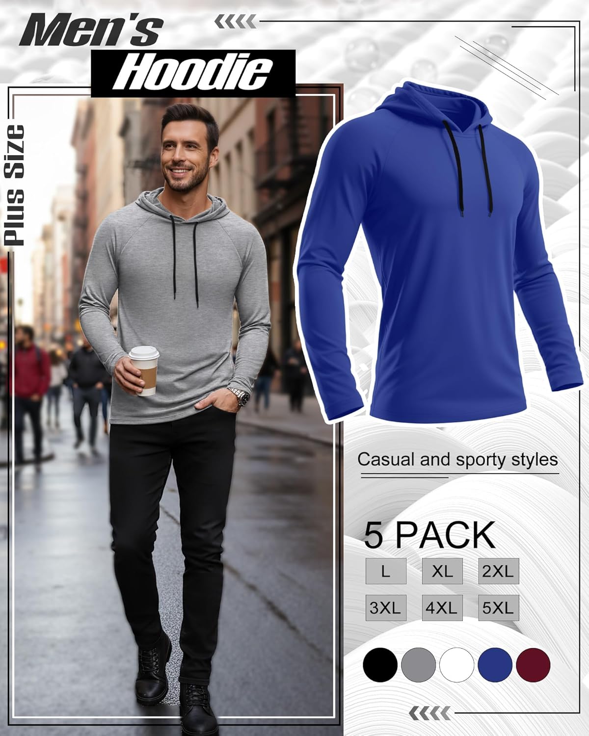 5 Pack Men's Big and Tall Hoodies Long Sleeve Lightweight Sweatshirt Workout Pullover Multipack - Image 4