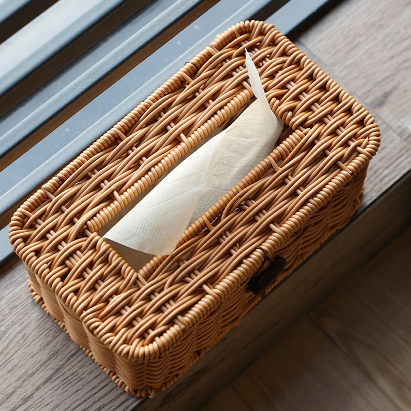 Montesy Imitation Rattan Rectangular Tissue Box Covers Napkin Dispenser Decorative Woven Paper Towel Holder for Home and Office