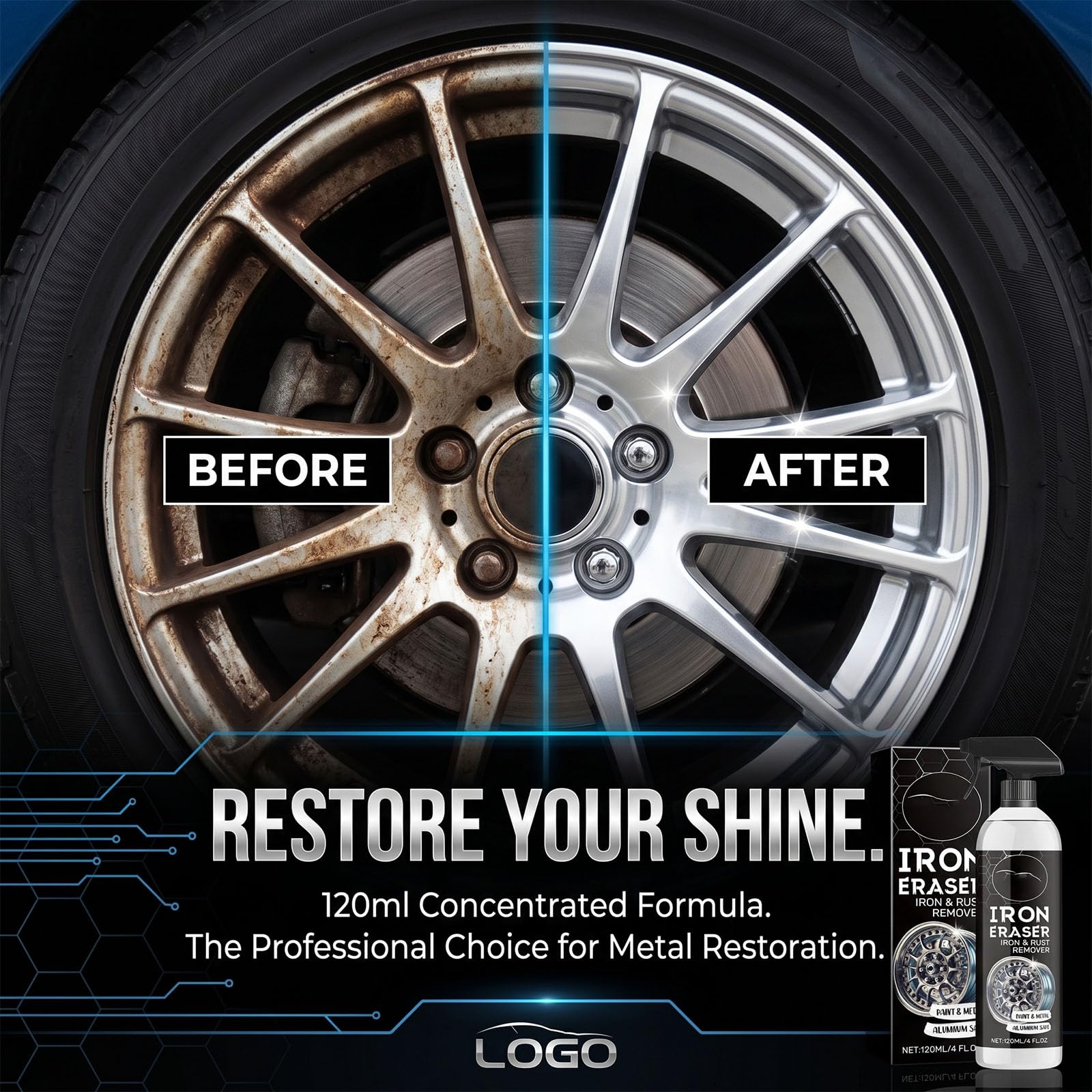 Iron Eraser Rust Remover Spray, Iron Powder Remover for Car Wheels & Metal Surfaces, Smooth Finish Care (3pcs)
