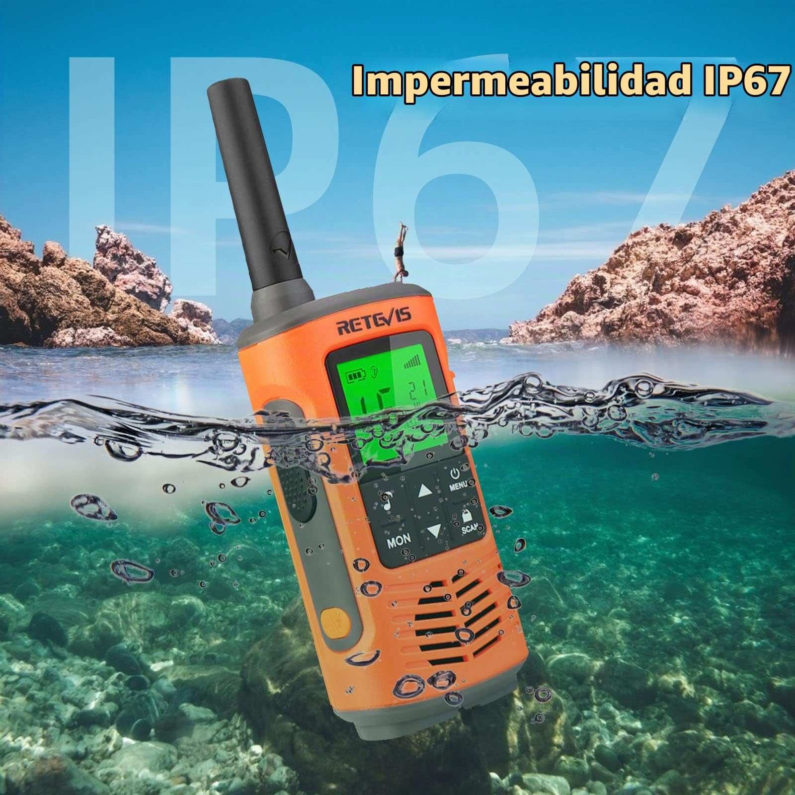 Retevis RT45P Walkie Talkie, IP67 Impermeable Radio Portatil Exteriores | PMR446 Sin Licencia Walkie Talkie Recargable para Adultos, Actividades Al Aire Libre Caza, 16 Canales, SOS Linterna LED