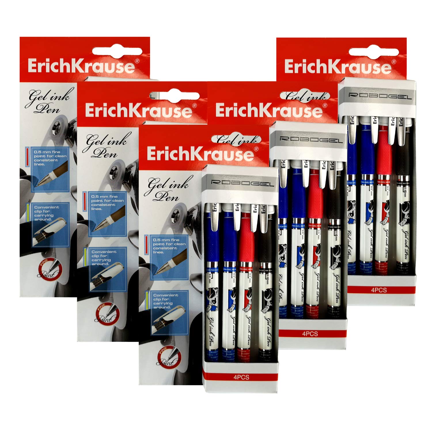 5 x Erich Krause Robogel 4PC Gel Ink Pens - Blue, Black & Red Ink Pens - 0.5mm Fine Point - Refillable (Refills Not Supplied) - Great Value Multi Buy Sets - Ideal for School, Home & Office Use.