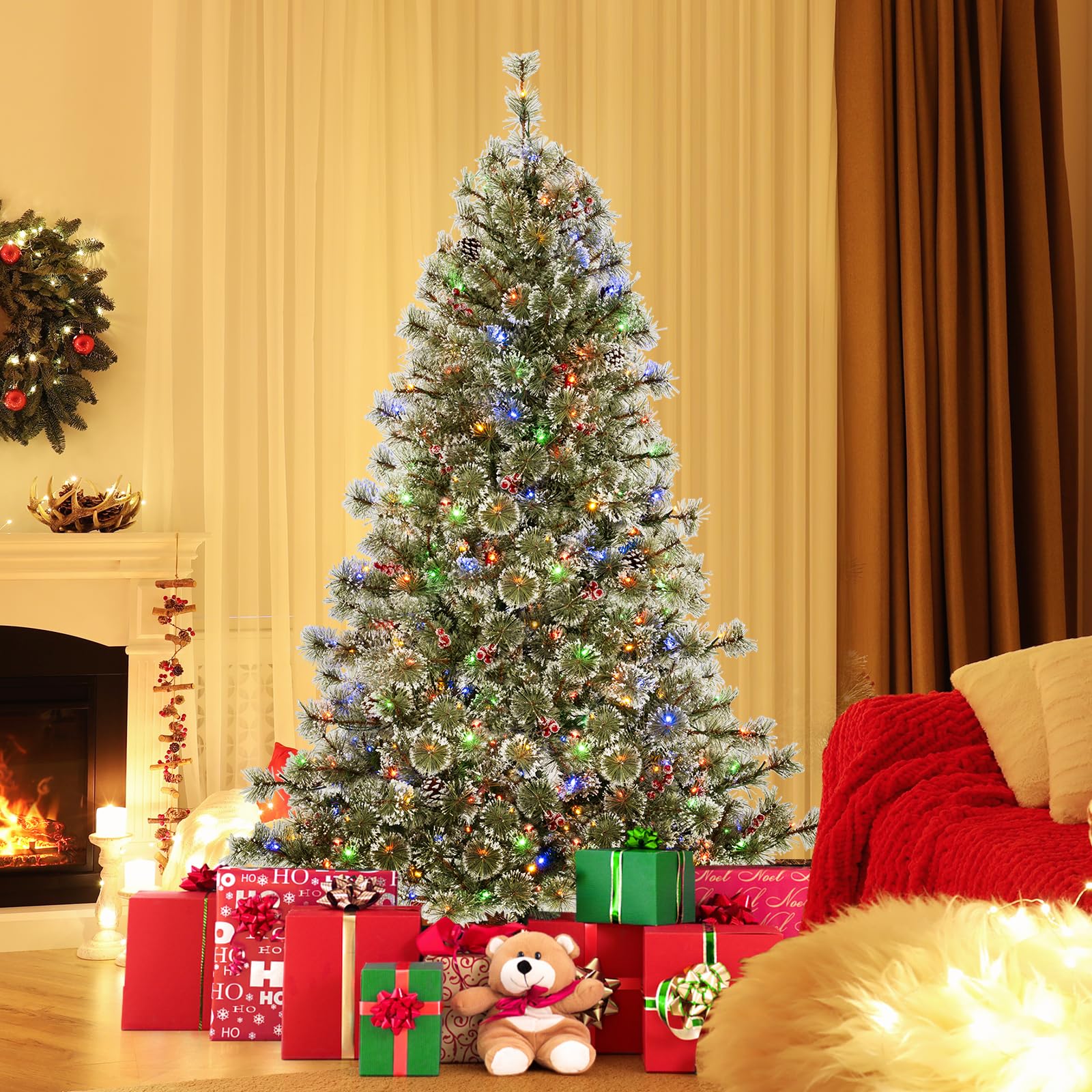 Sapin De Noël Artificiel Demi-forme 180 Cm GYMAX - 852 Branches Enneigées, 240 LEDs Blanches/multicolores - Télécommande, 9 Modes, Minuterie - Base Métallique, Montage Facile - 2