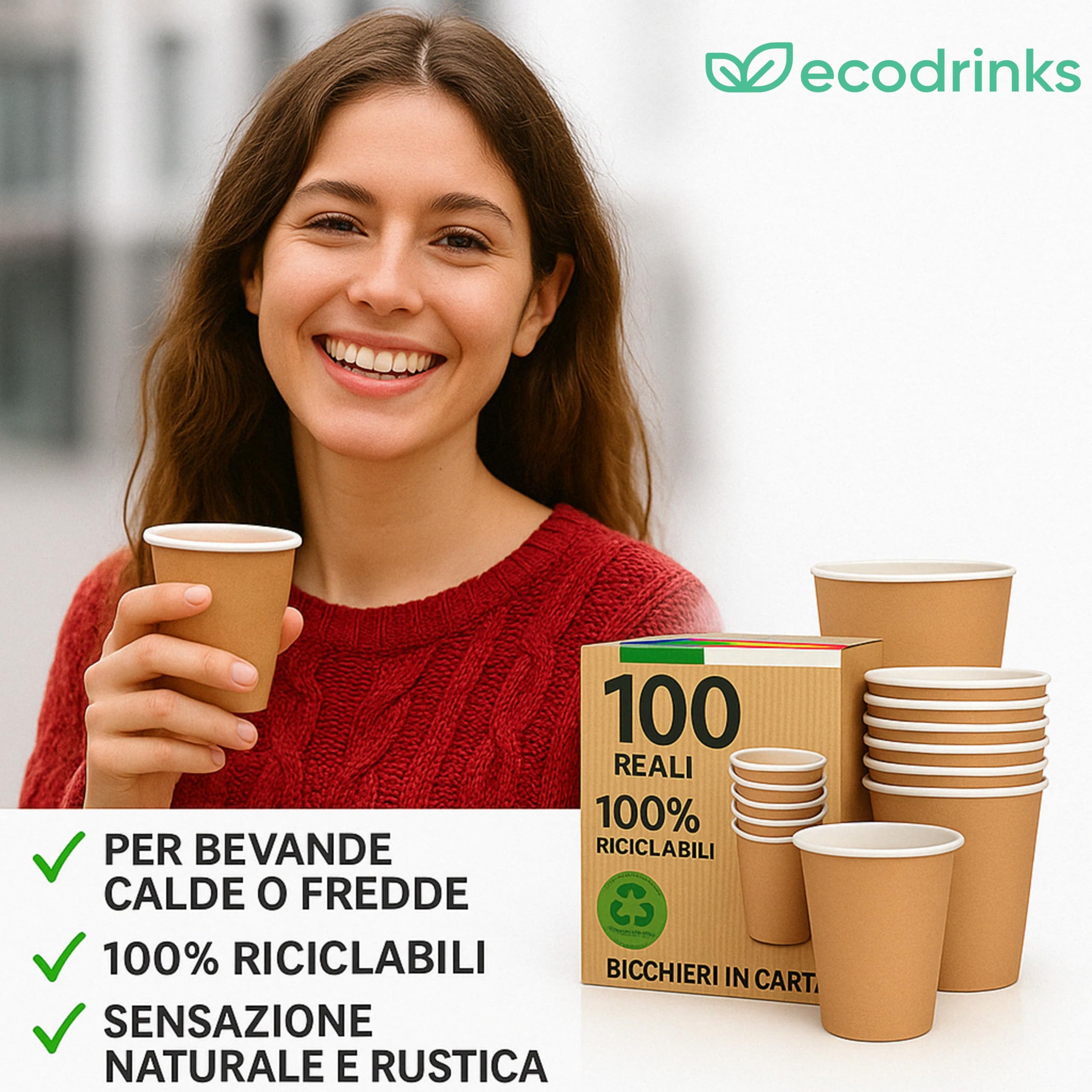ecodrinks - 500 Bicchieri Caffe Carta Da 90ml - Set Bicchierini Monouso per Bevande Calde/Fredde - Biodegradabili, Eco-friendly e Made in Italy, Avana