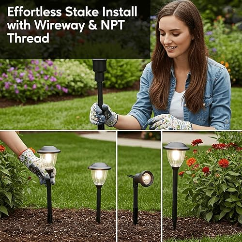 Miniatura 5 de Estaca de tierra de 9 pulgadas con rosca NPT de latón macizo de 0.5 pulgadas y cable lateral para una fácil instalación, luces al aire libre