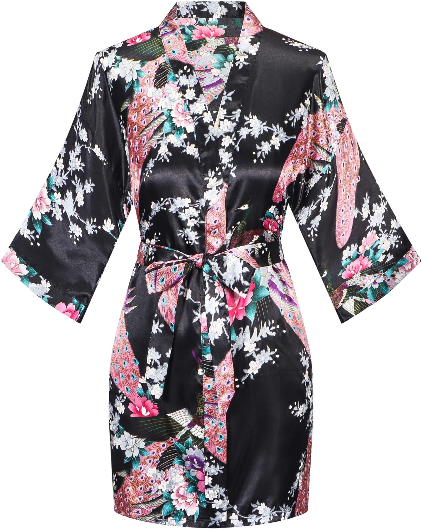 Women's Short Kimono Robes Bride and Bridesmaid Satin Floral Bathrobe Peacock Sleepwear Dressing Gown for Wedding Party