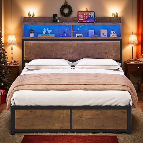 YITAHOME Queen Bed Frame with 2-Tier Storage Headboard, Metal Platform Bed Frame with Charging Station & LED Lights, Noise-Free/Metal Support/No Box Spring Needed, Rustic Brown
