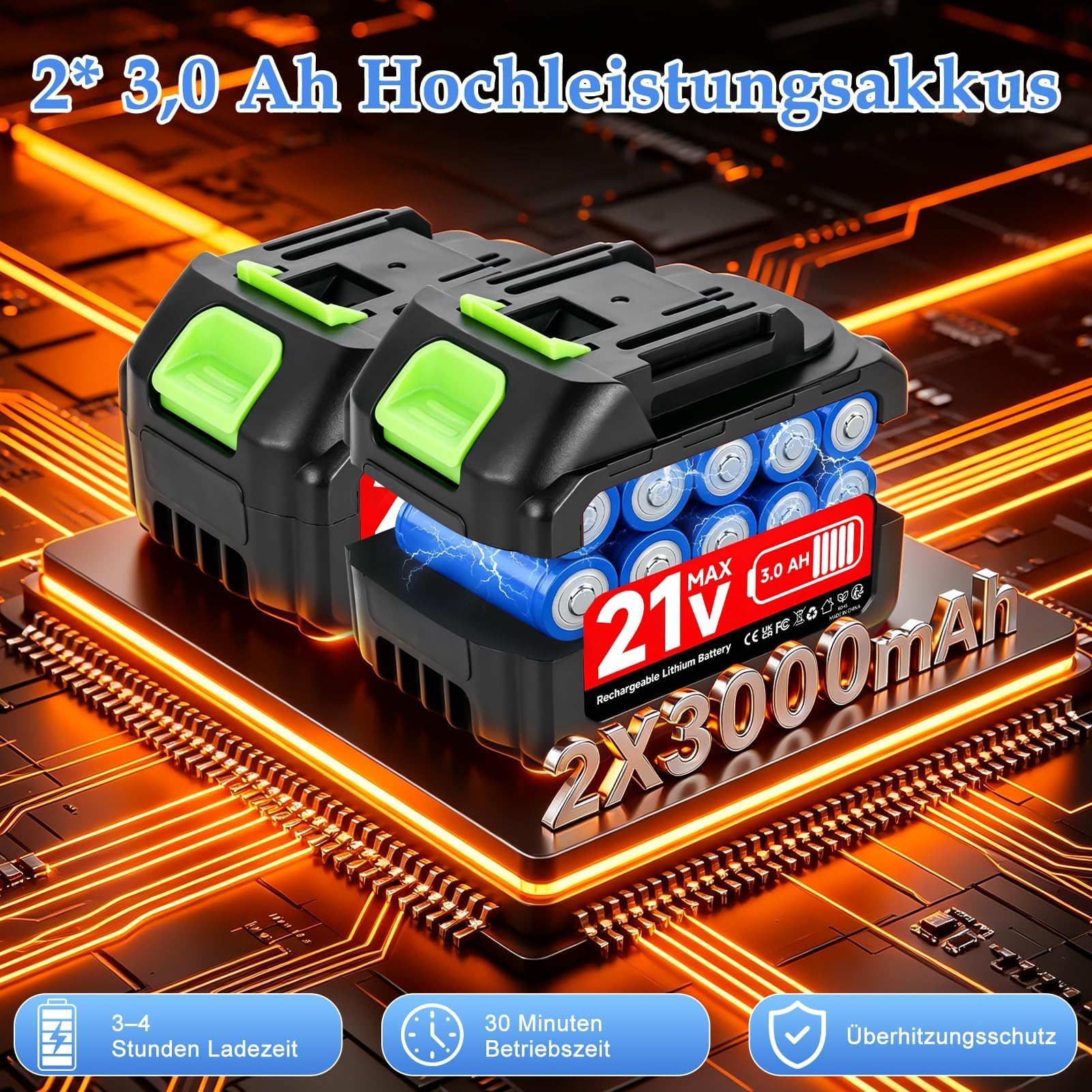 Akku-Hochdruckreiniger 80 Bar, 240L/h, 2x3.0Ah – kabellos, 6-in-1 Düse, Schaumflasche, 5m Schlauch, 10m Strahlweite – Akku Druckreiniger für Auto, Fahrrad, Terrasse & Garten.