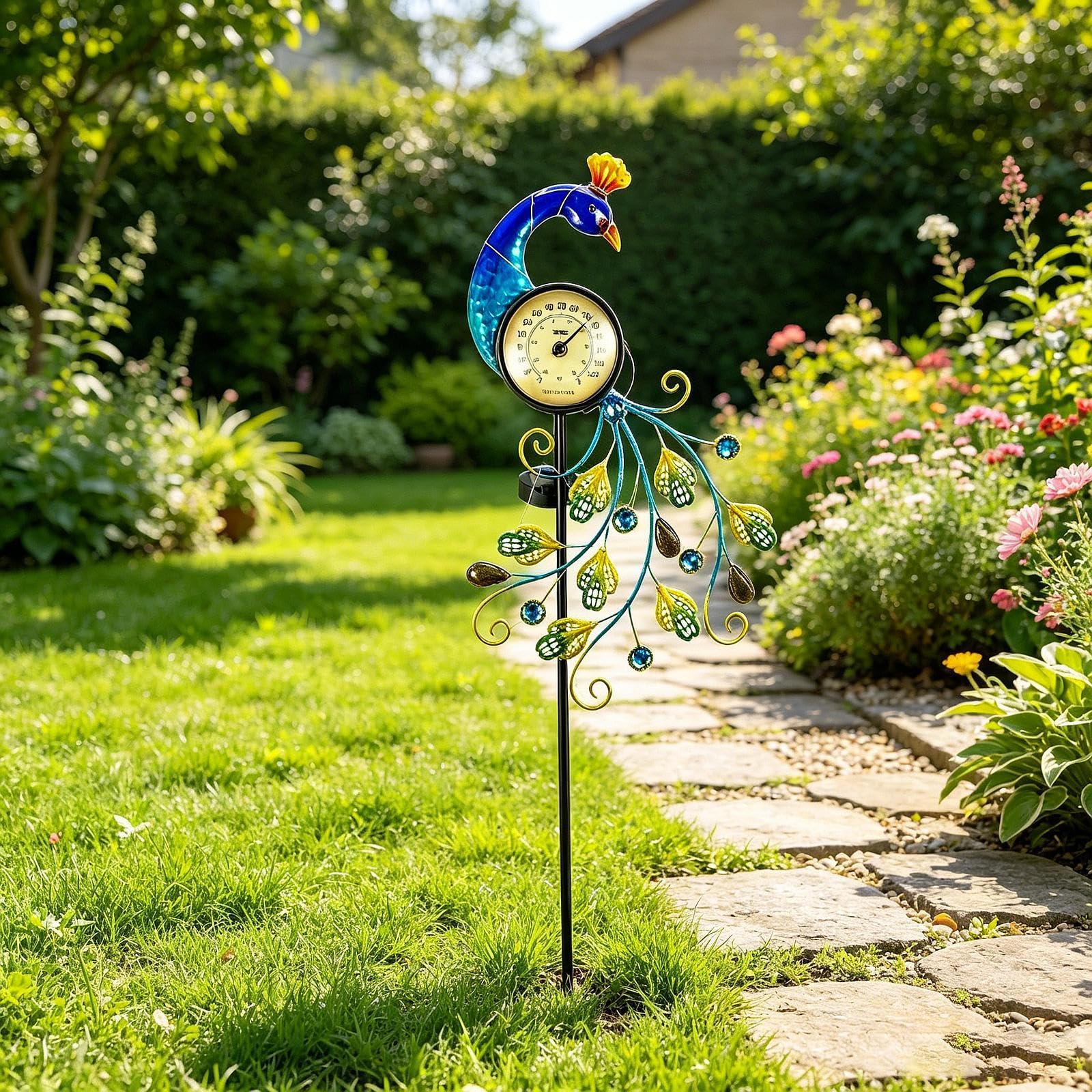Termometro Da Esterno per Giardino con Luci Solari, in Ferro, con Grazioso in Metallo Alto 107 Cm (42") per Portico, Balcone E Prato.