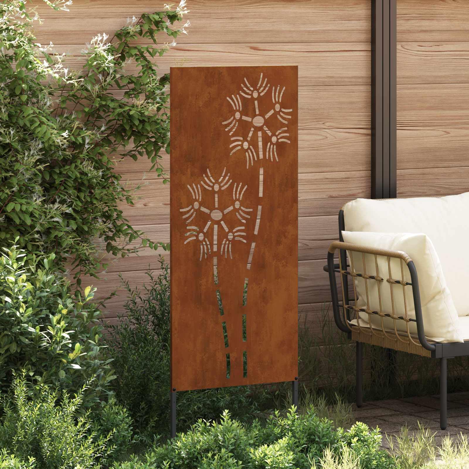 Ogrodowa ochrona przed wzrokiem na płótnie, rdzawa stal odporna na warunki atmosferyczne, 50 x 140 cm, z dekoracyjnymi wstawkami, nowoczesne wzornictwo, na taras i na zewnątrz, tworzy