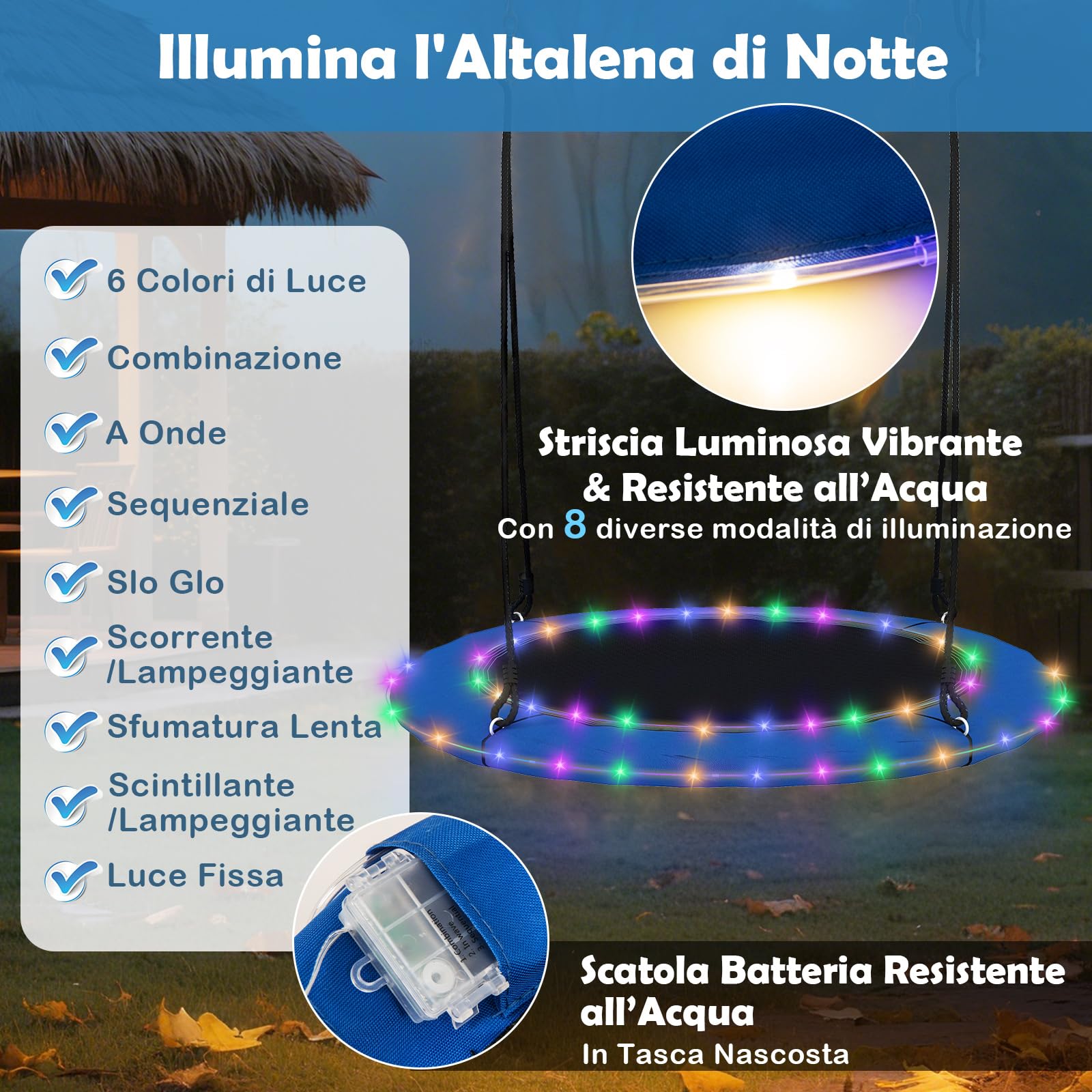 COSTWAY Altalena a Nido 100 cm per Bambini e Adulti, Altalena Rotonda con Luci LED Colorate e 2 Funi Regolabili, Capacità di Carico 300 kg da Giardino Esterno (Blu)