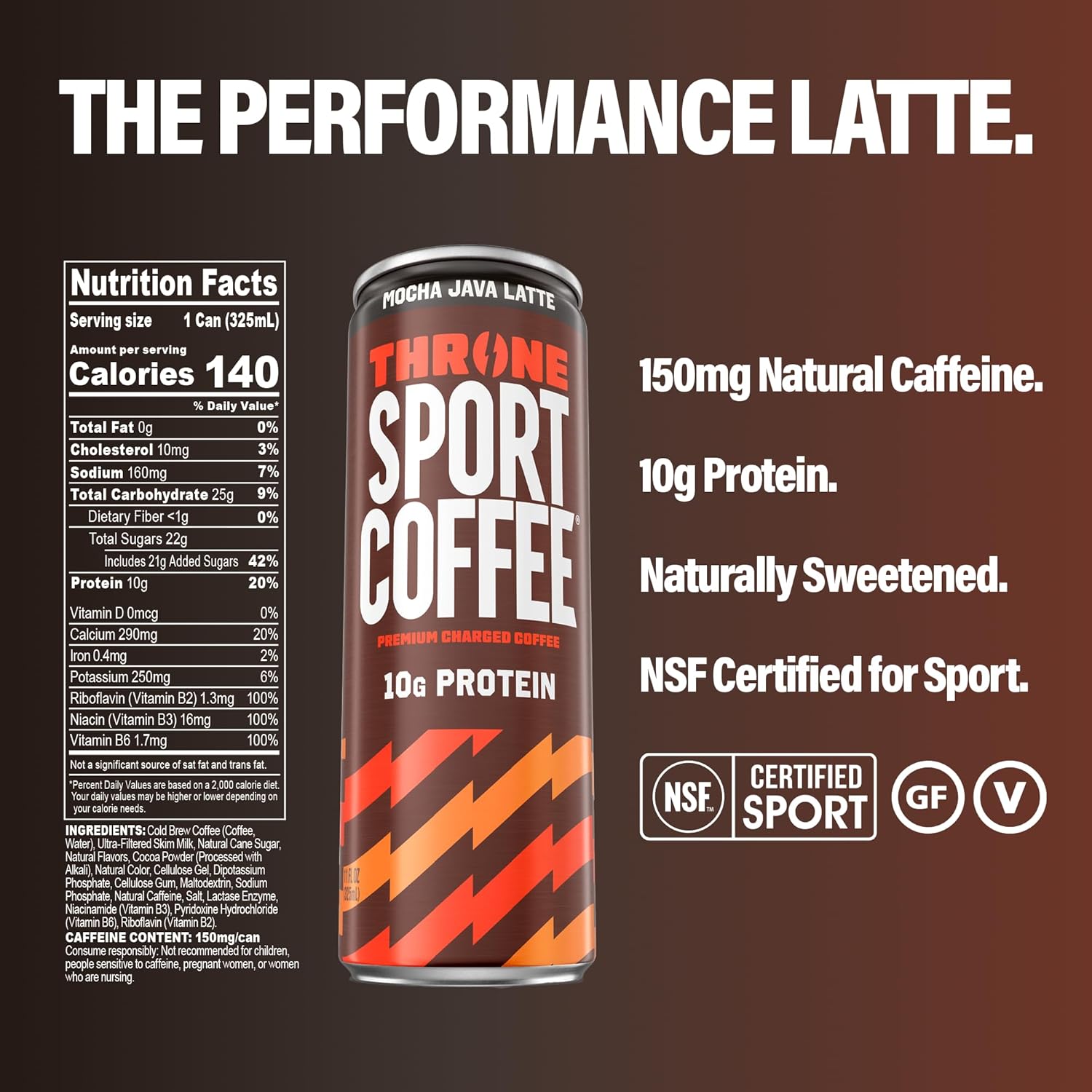 Throne Sport Coffee Latte – 10g protein - 150mg Natural Caffeine and B Vitamins – Lactose-Free, Premium Arabica, NSF Certified, Active Lifestyles – Mocha Java, 12 Pack