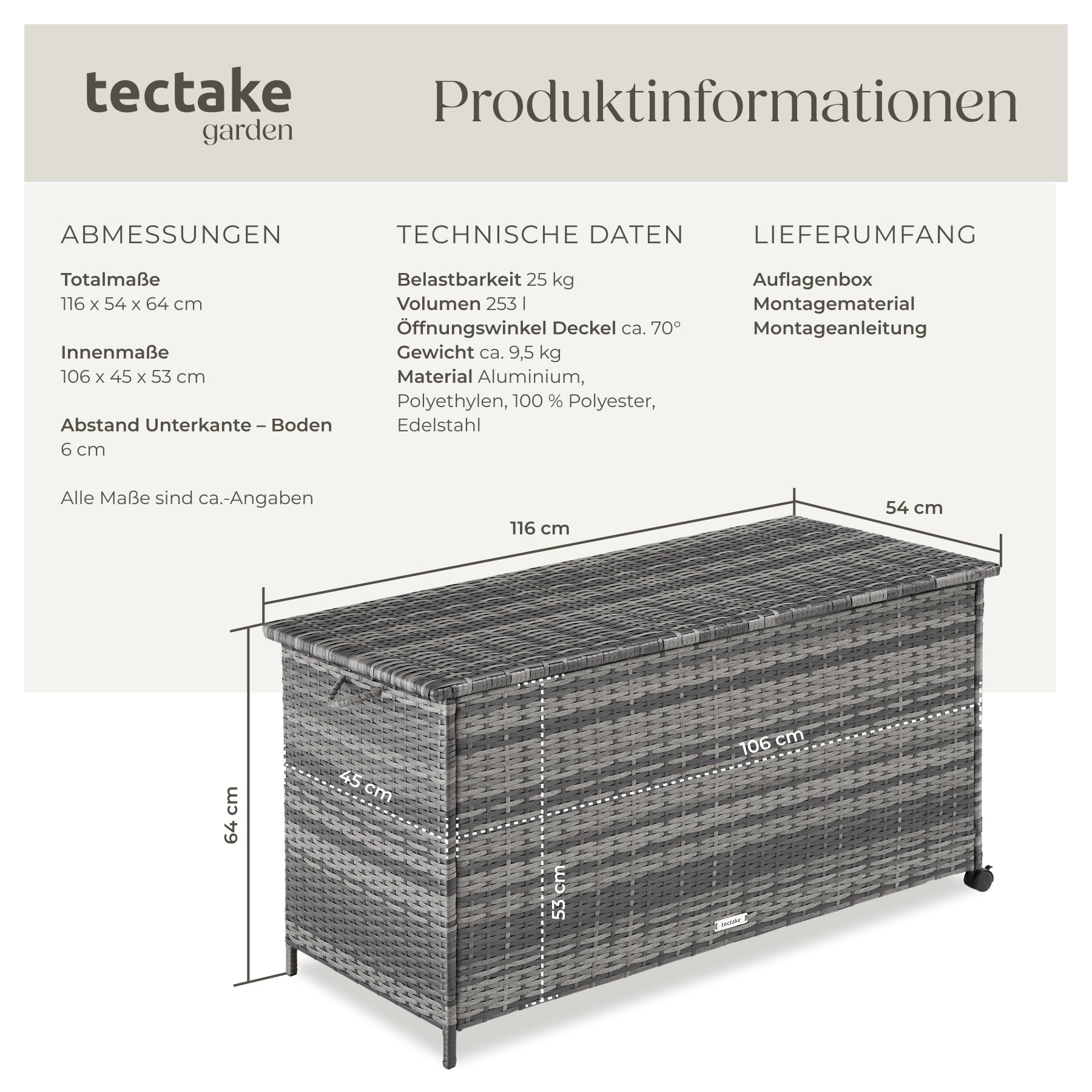 tectake® Auflagenbox 253 l, 116 x 54 x 64 cm, 2 drehbare Rollen mit Feststellbremse, Polyrattan mit Aluminiumrahmen, Gartenmöbel, Outdoor Lagerung, Staubschutzbox, Schutzbox, wetterfest - grau