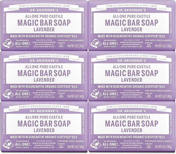 Dr. Bronner's Pure-Castile Magic Soap Bars (Lavender, 5 oz, 6-Pack)- Bath Soap with Regenerative Organic Certified Oils- For Face, Body & Hair - Gentle, Biodegradable, Vegan- Bar Soaps for Men & Women