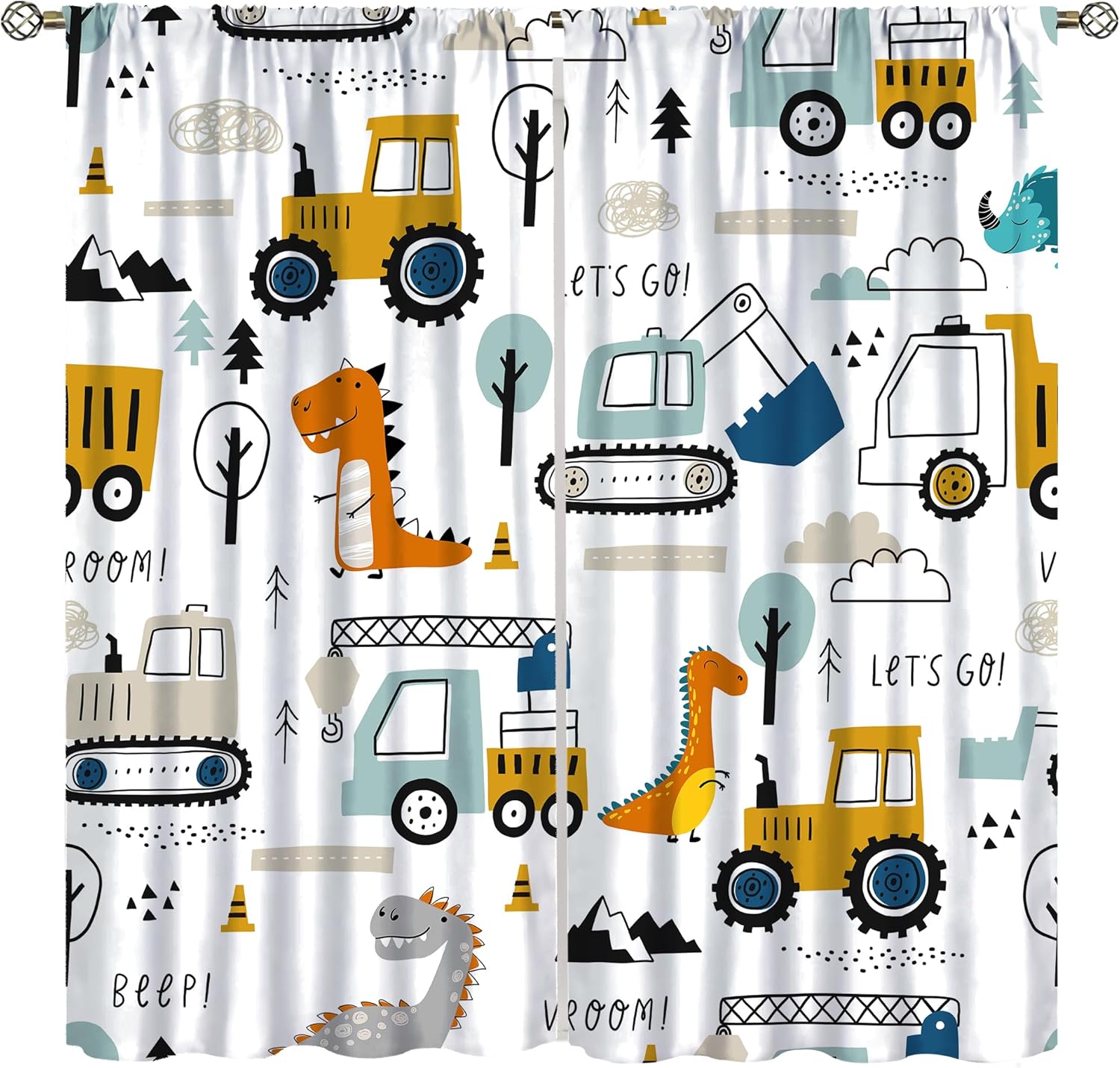 Kids Dinosaur Truck Curtains, Cartoon White Engineering Construction Truck Tractor Excavator Blackout Window Treatments, Thermal Insulated Drapes For Boys Nursery Childcare Bedroom Bathroom 52x84in