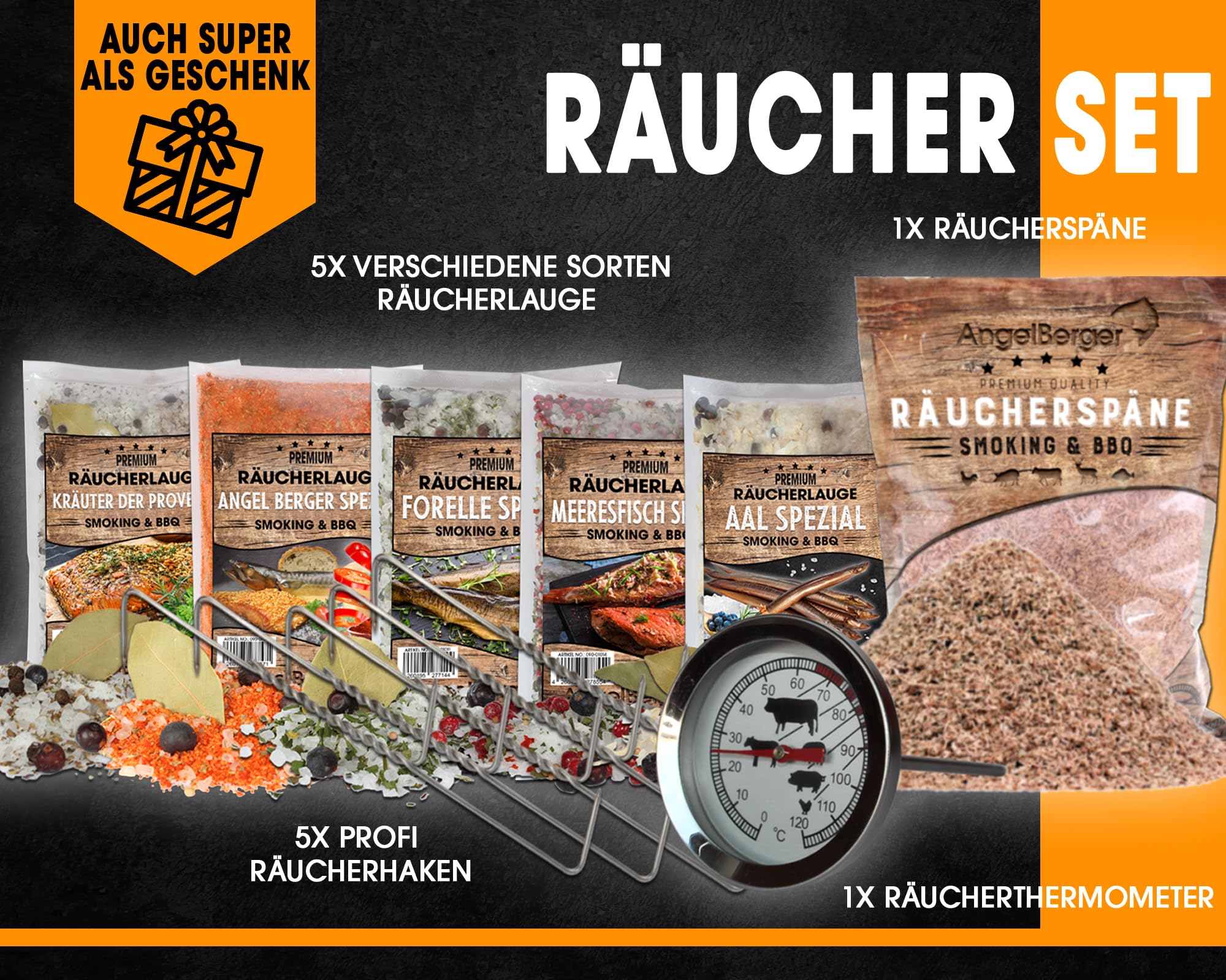 Angel-Berger Räucherset Räucherpaket Geschenk Räuchern Räucherlauge Räuchermehl Räucherhaken Räucherthermometer