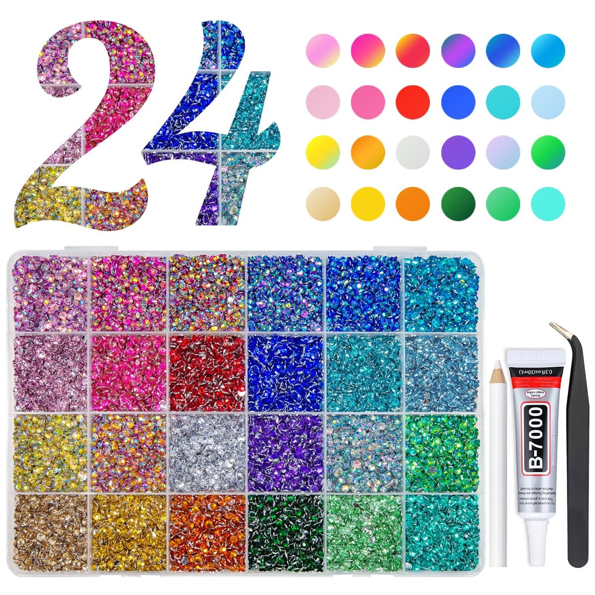 24000Pcs 24 Color 3mm Crystal Resin Rhinestones w B7000 Glue for Bedazzling Crafting Flatback Stones Colorful Crystals Gems Diamonds Charms for Nails Eyes Face Makeup Crafting Tumblers Crafts