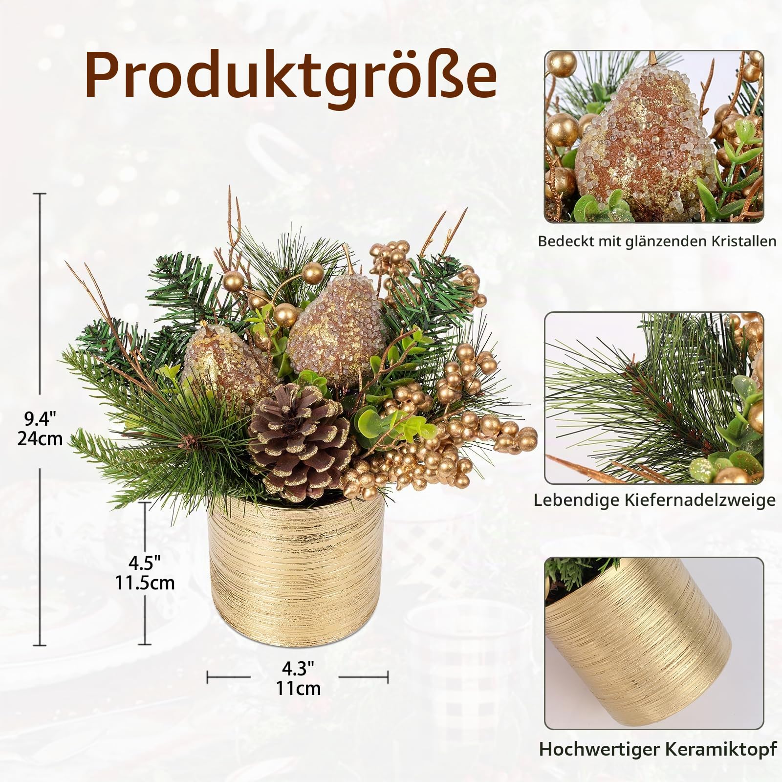 Oairse Mini Tabletop Weihnachtsbaum Kunstpflanze im Topf Weihnachtsdeko mit Birne und Tannenzapfen, für Weihnachtsdekoration Wohnkultur Küche Esstisch, Dekopflanze Zimmerpflanze Tischdeko