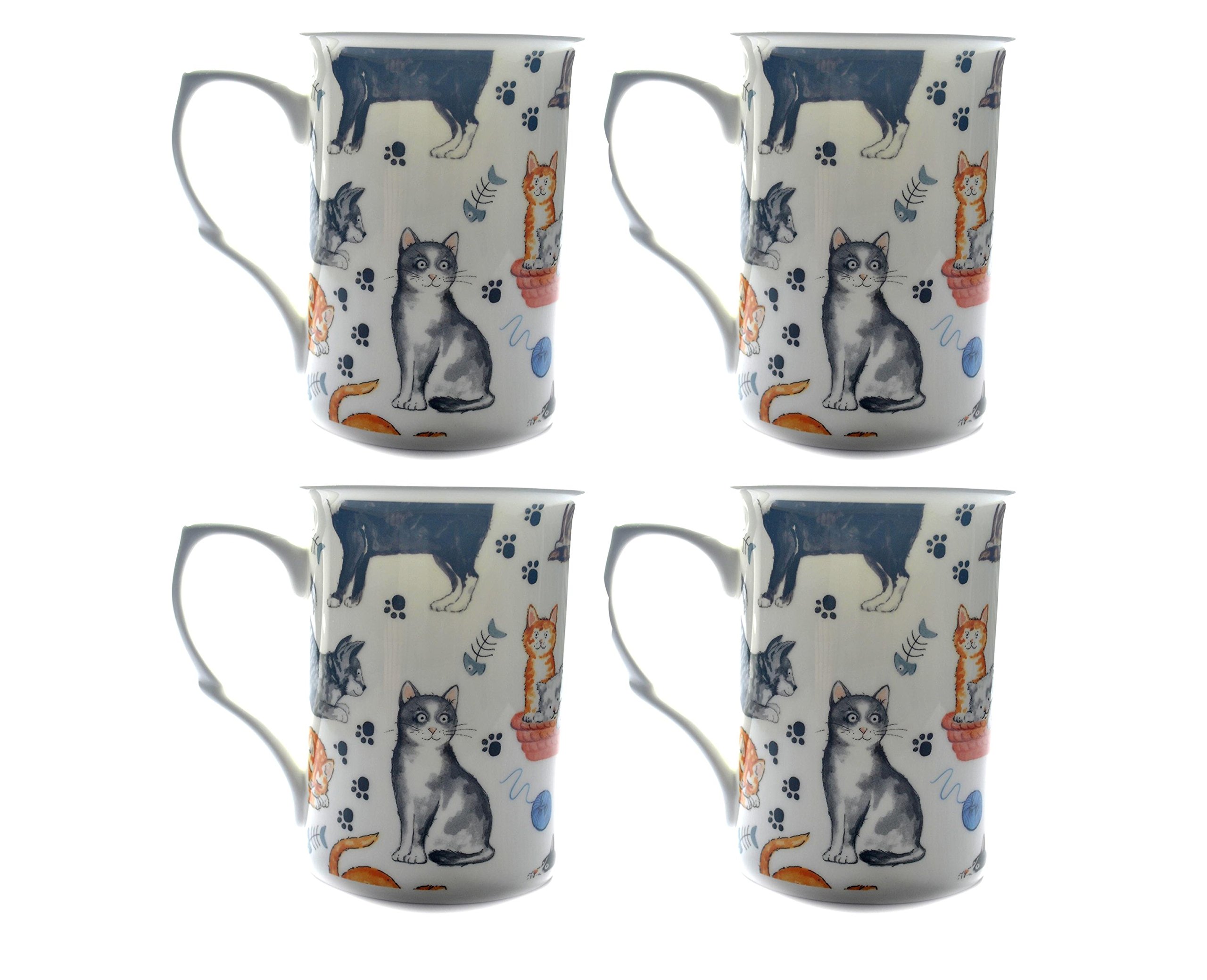 HAND DECORATED SET OF 4 BONE CHINA BEAKERS/ MUGS CAT CHINTZ MUGS PRESENTATION GIFT BOXED- lovely gift, KIRSTY JAYNE CHINA, HAND DECORATED
