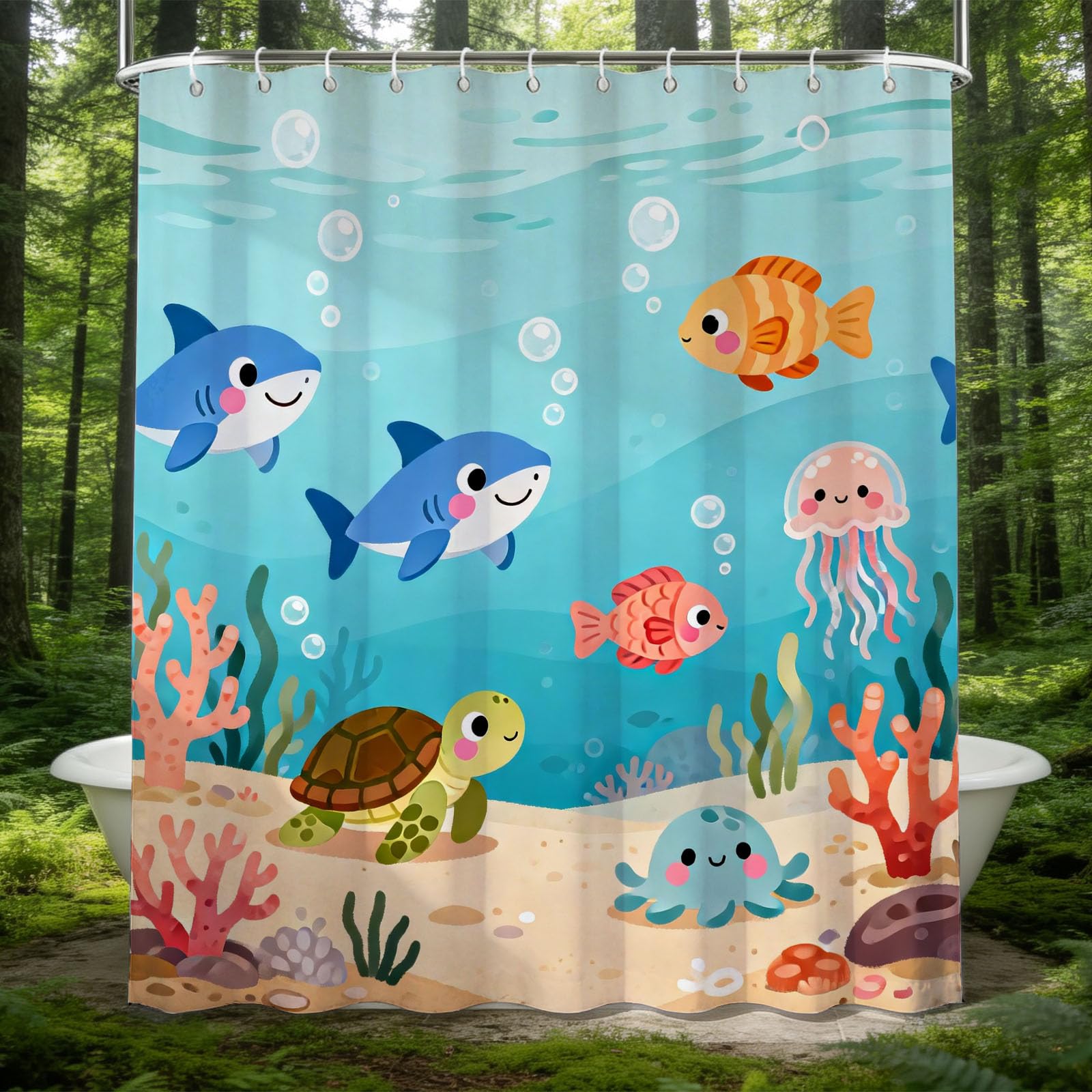 Hongduo 3D Cartoon Ocean Shower Curtain for Stalls Bathtubs Shark Illustration Bathroom Decor Shower Curtain Set Polyester Fabric Waterproof 180x200cm/71X79 Inch with Hooks