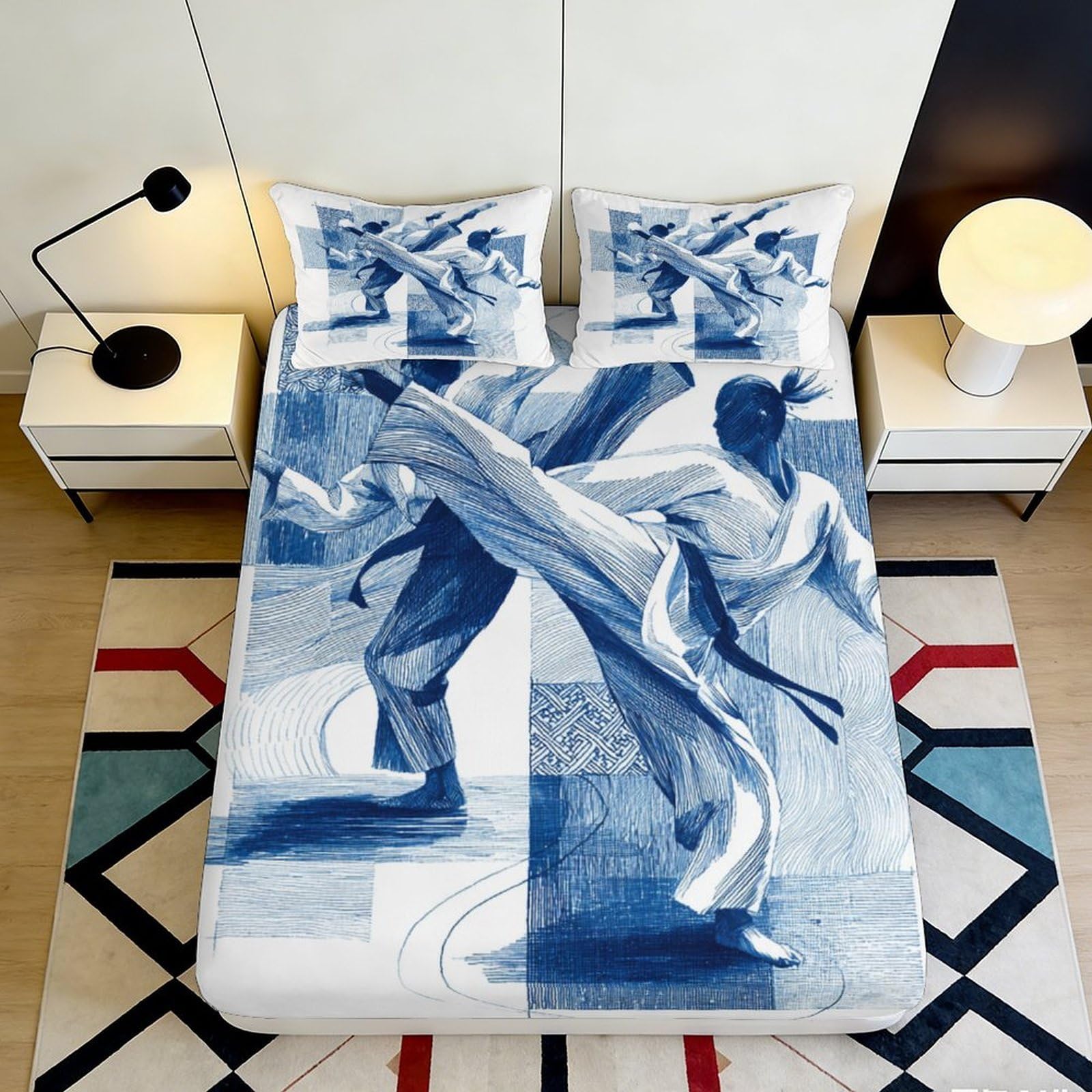 3D Printed Martial Arts Fitted Sheet Microfiber Blue Karate Kick Bed Cover for Bedroom Guest Room Dorm Mattress Protection 90x200x25cm
