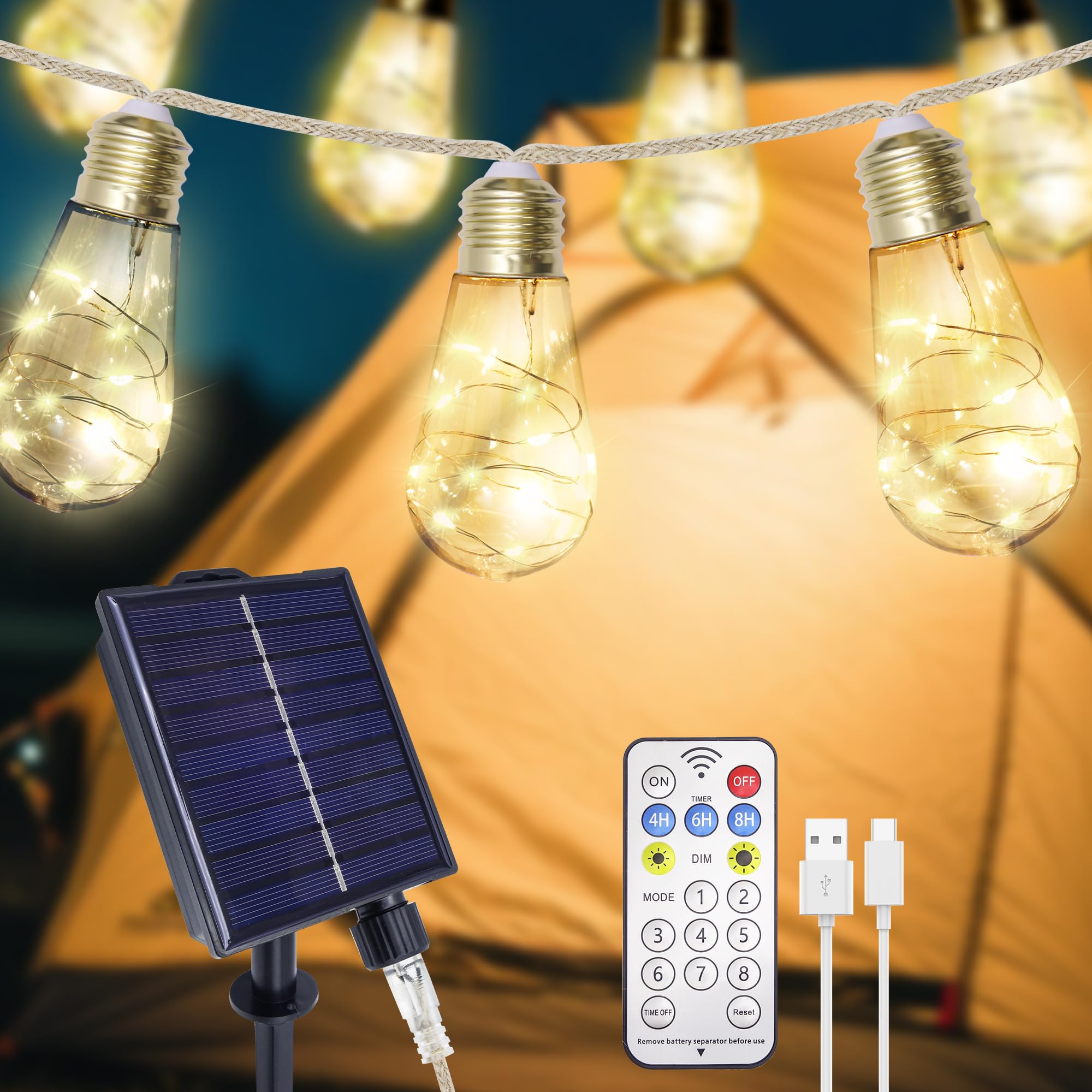 plainshe Festoon Lights Outdoor,16LED Shatterproof&Waterproof Vintage Hemp Rope Solar Light Bulbs,Garden Lights for Patio,Gazebo,Balcony,Wedding,Party Decor