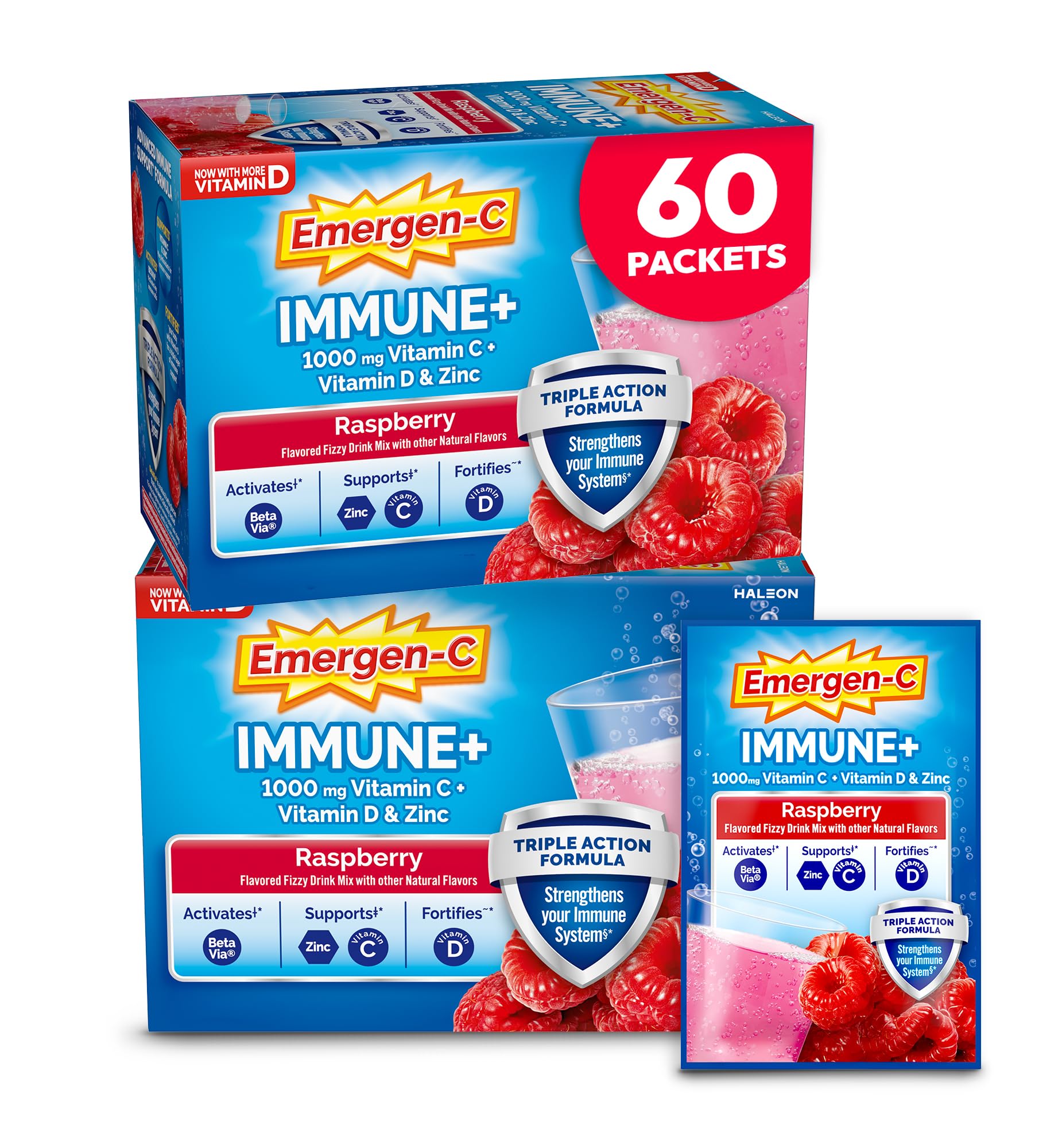 Emergen-C Vitamin C 1000mg Immune Support Powder, Raspberry, 60 Packets