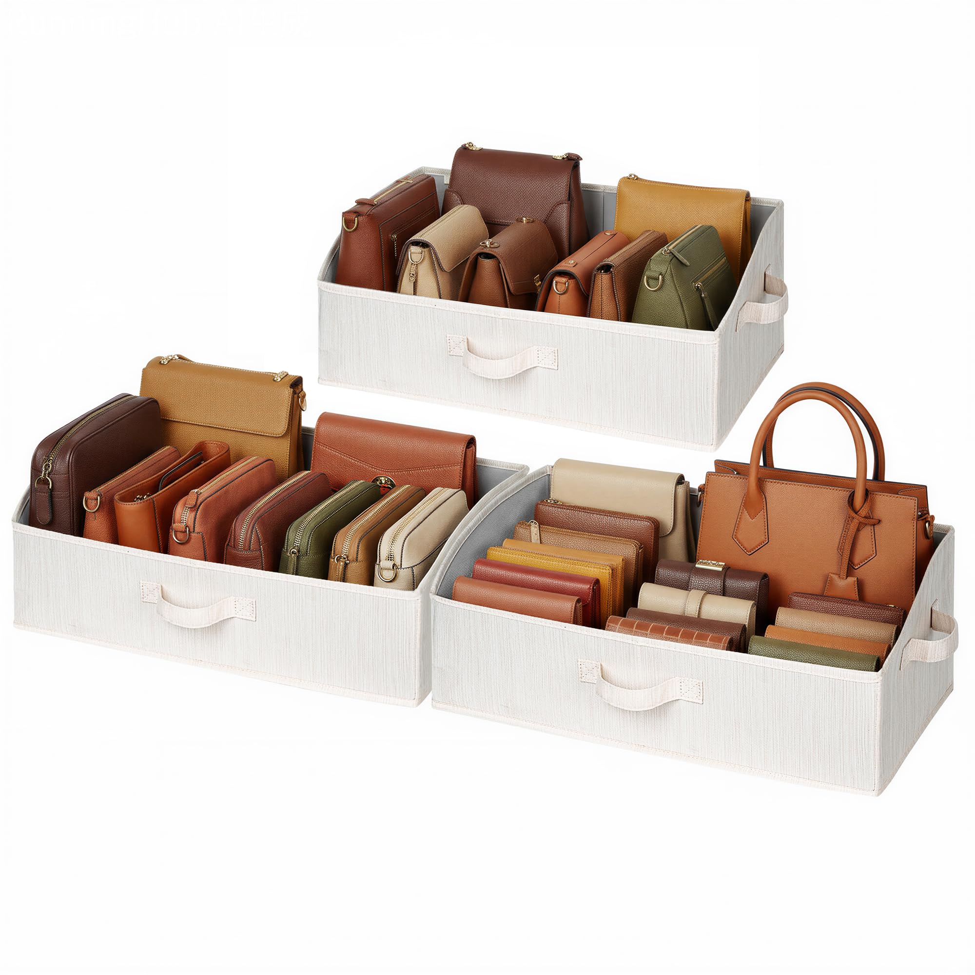 Closet Storage Bins, Trapezoid Organizer Box for Shelves, Fabric Clothes Bin, Foldable Organizing Baskets with Handles, Large, Mixing of Beige, White & Ivory, 3-Pack