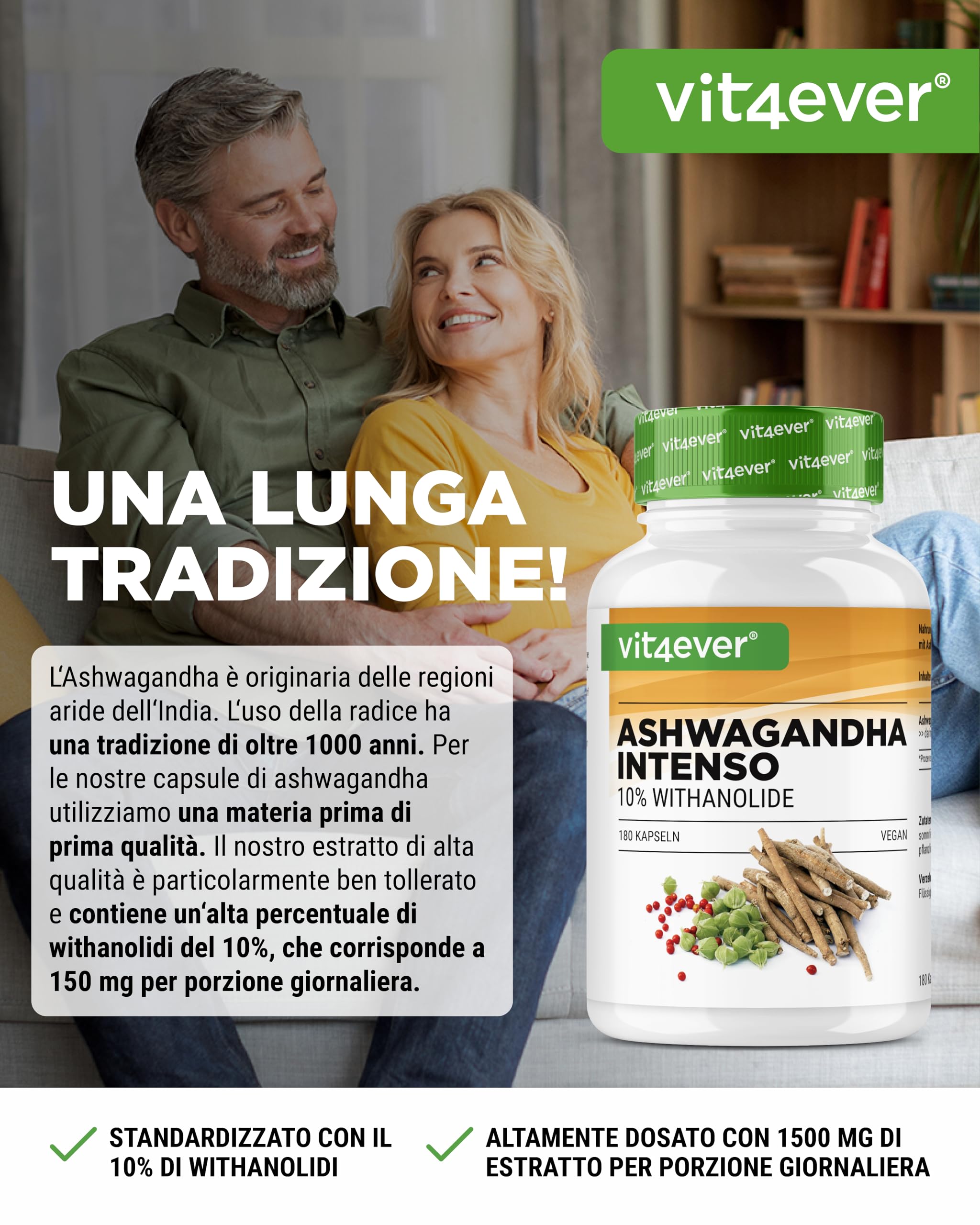 Ashwagandha - 180 capsule con 750 mg di estratto puro - Premium: 10% withanolidi - Alta purezza - Vegan - Altamente dosato - Qualità premium
