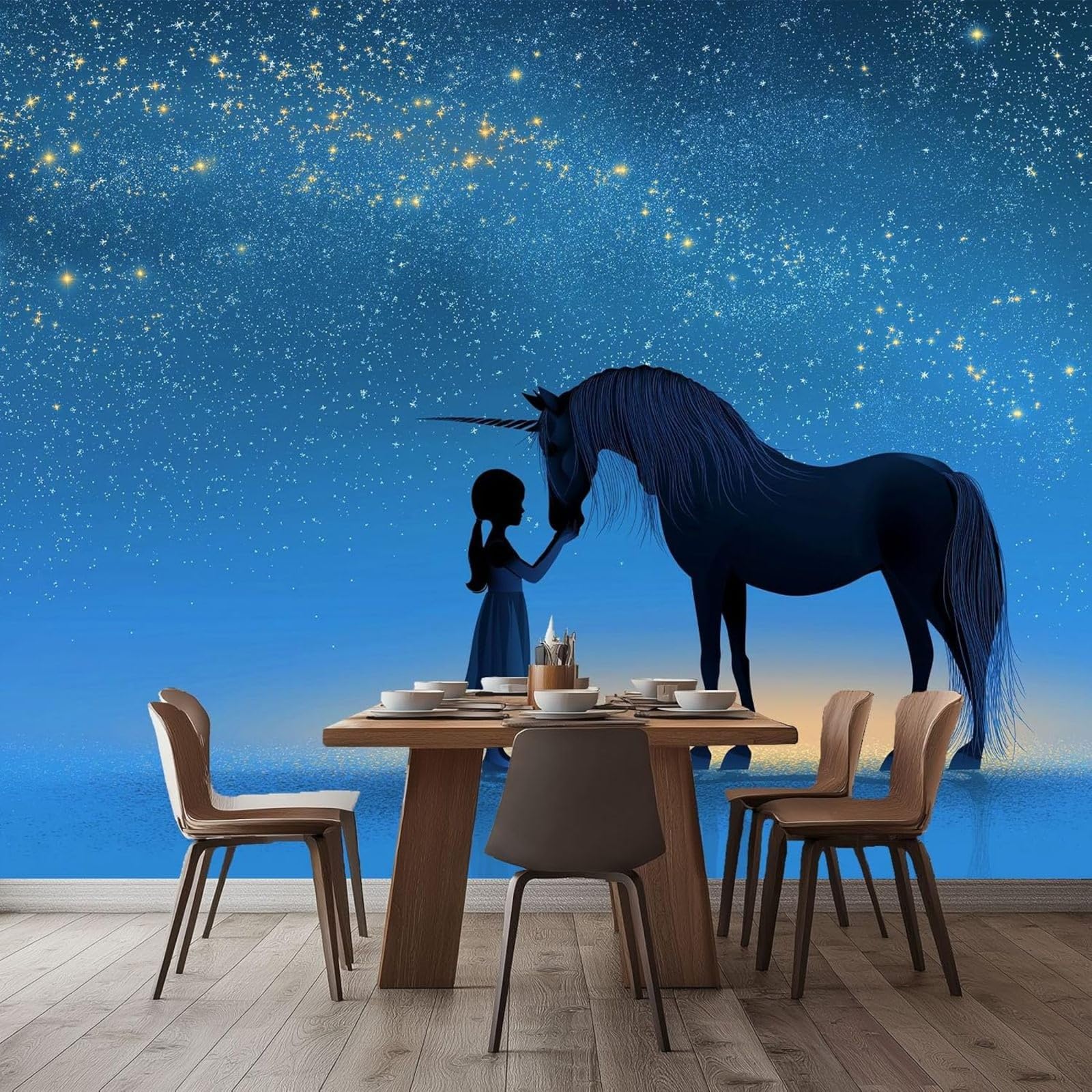 3D Photo Wallpaper Cartoon Character Girl Animal Wall Mural Dreamy Starry Sky Unicorn, Non-woven Wallpaper for Living Room Bedroom TV Background – Modern Wall Decor Blue, 350cm x 256cm Stickers - Fram