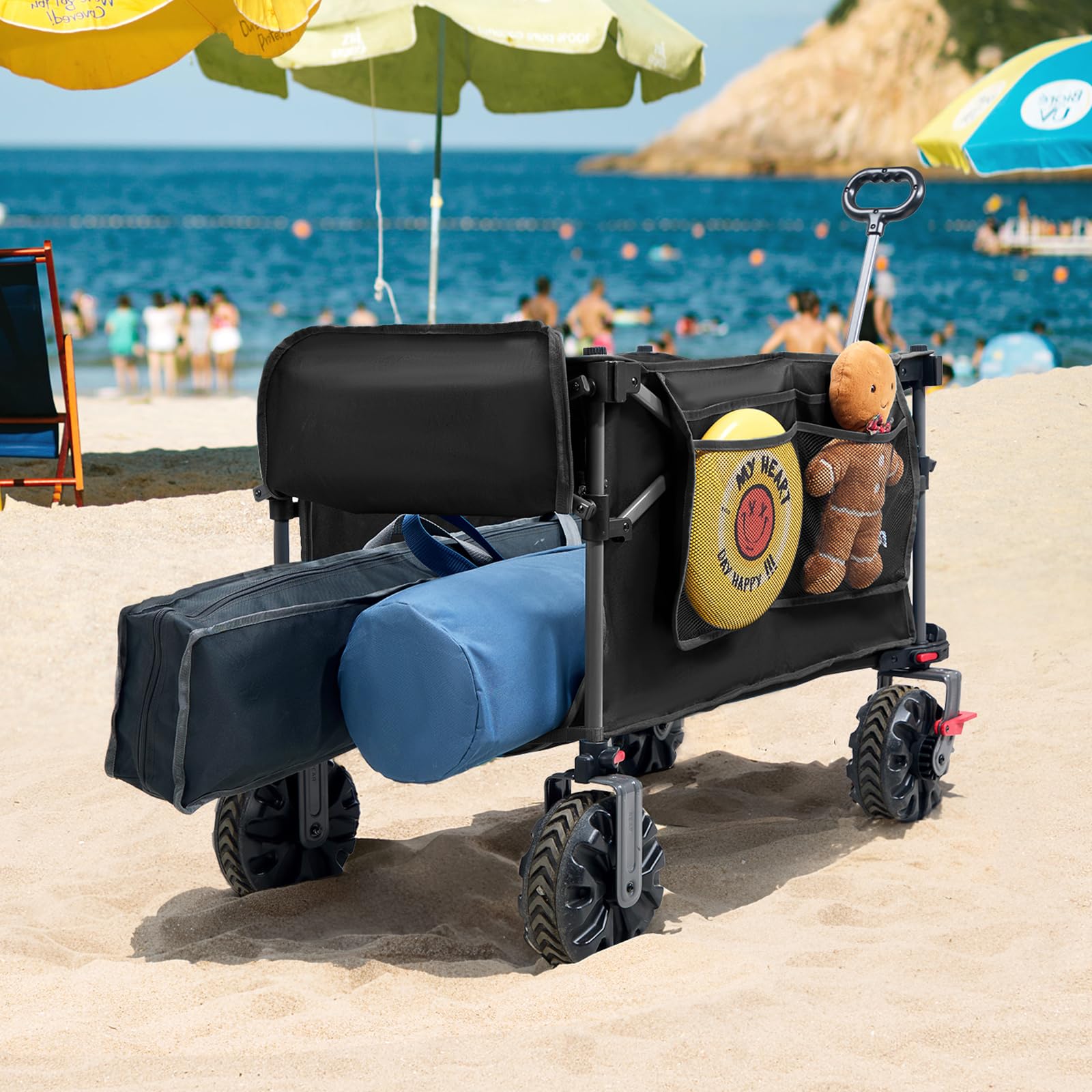 PORTAL Chariot de Plage Pliable avec Toit Chariot de Transport à roulettes Tout Terrain Poignée Réglable Charrette pour Extérieur Camping Pique-Nique