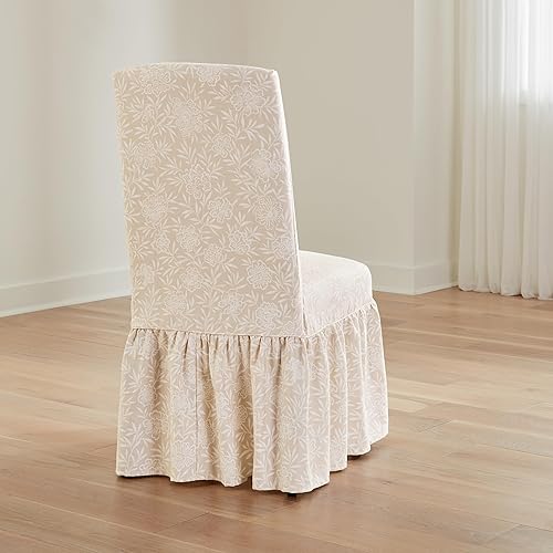 Miniatura 4 de SureFit Essential - Funda larga para silla de comedor con volantes de sarga con diseño estampado de algodón, falda larga con volantes y pliegues de
