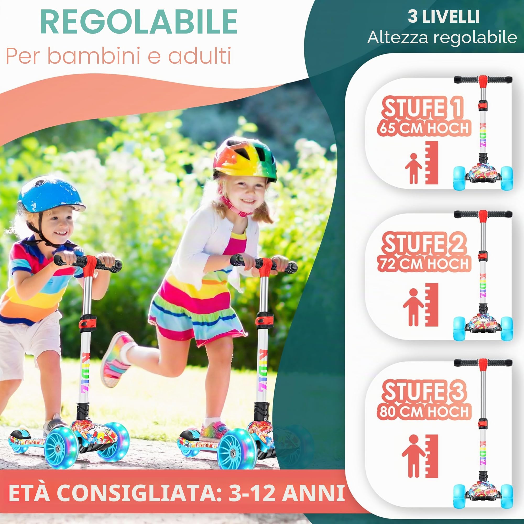 KIDIZ® Scooter Scooter per bambini X-Pro2 Triciclo Scooter con ruote luminose a LED in PU Scooter a pedali pieghevole Scooter da città regolabile in altezza Scooter per bambini ragazze 3-12 anni