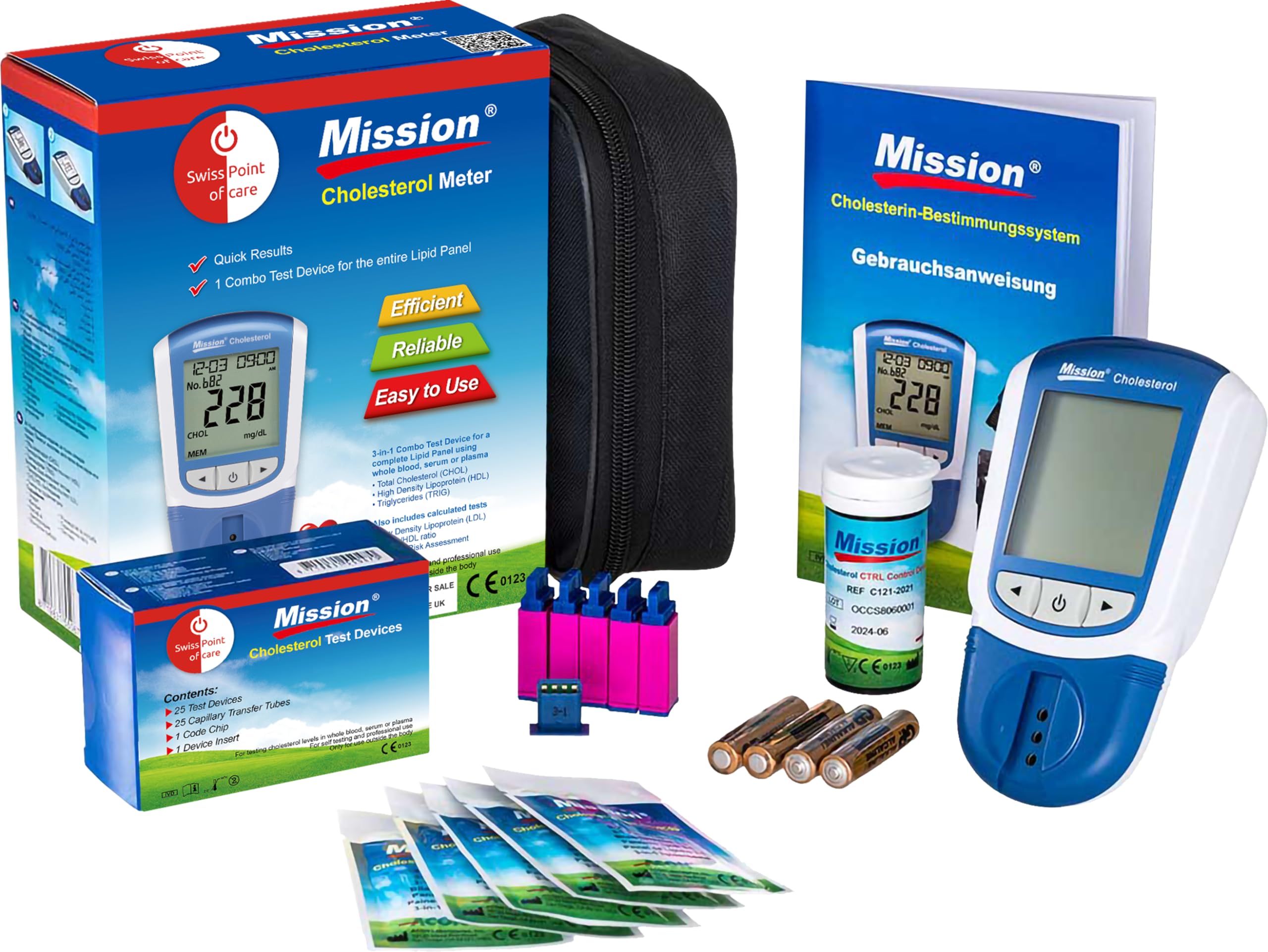 Mission 3 in 1 Cholesterin Messgerät im Starterpack | 1 Mission Cholesterol Meter, 5 Cholesterin Teststreifen, 5 Kapillarröhrchen, 5 Stechhilfen | genaue Cholesterinmessung
