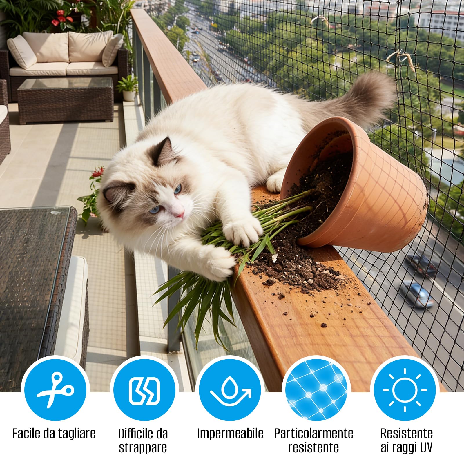 Rete per Gatti per Balcone, Rete Rinforzata con Filo Rinforzato, Rete per Balcone, terrazza, finestre, Porte, 6 x 3 m, 6 x 3 m