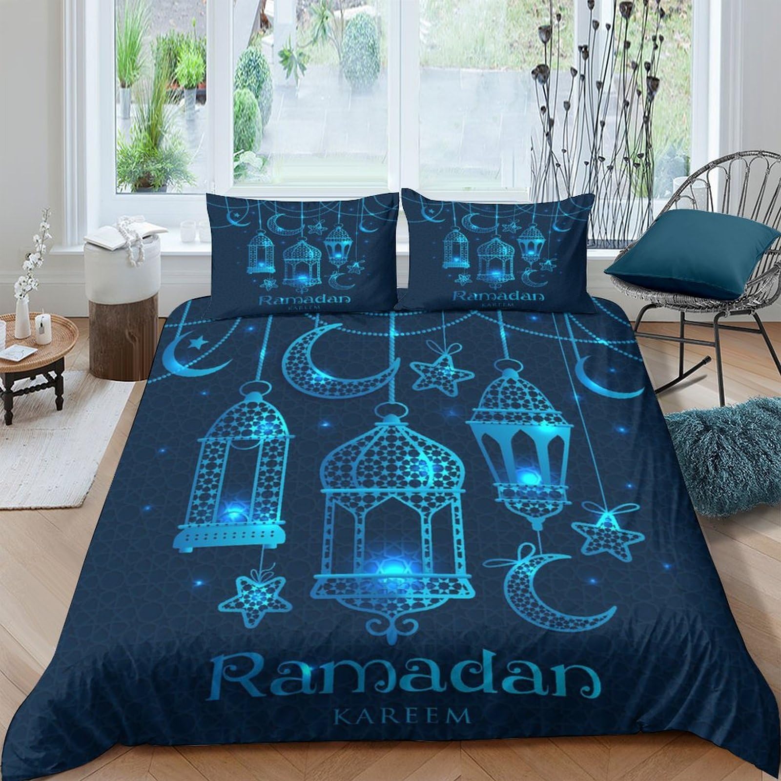 Ctjqhvkz Style-1 3D Printed Ramadan Lantern Fitted Sheet Microfiber Soft Blue Islamic Moon Bed Cover For Bedroom Guest Room Decor Single（135X200cm）