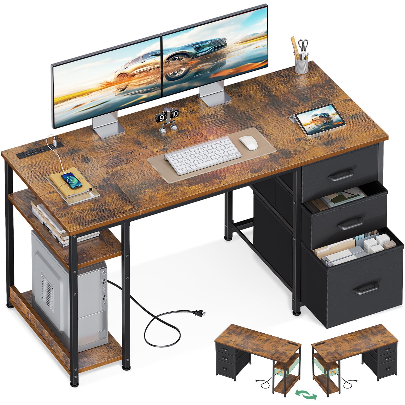 AODK 51 Inch Computer Desk with Fabric Drawers & USB Power Outlets, Reversible Home Office Desk with Storage Shelves, Work from Home, Modern Work/Writing/Study Table for Bedroom, Vintage