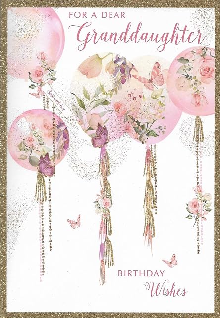 Pizazz Artistic Granddaughter Birthday Card (NQ-DR502) - Floral Balloons & Butterflies - Flitter Finish - From Nigel Quiney