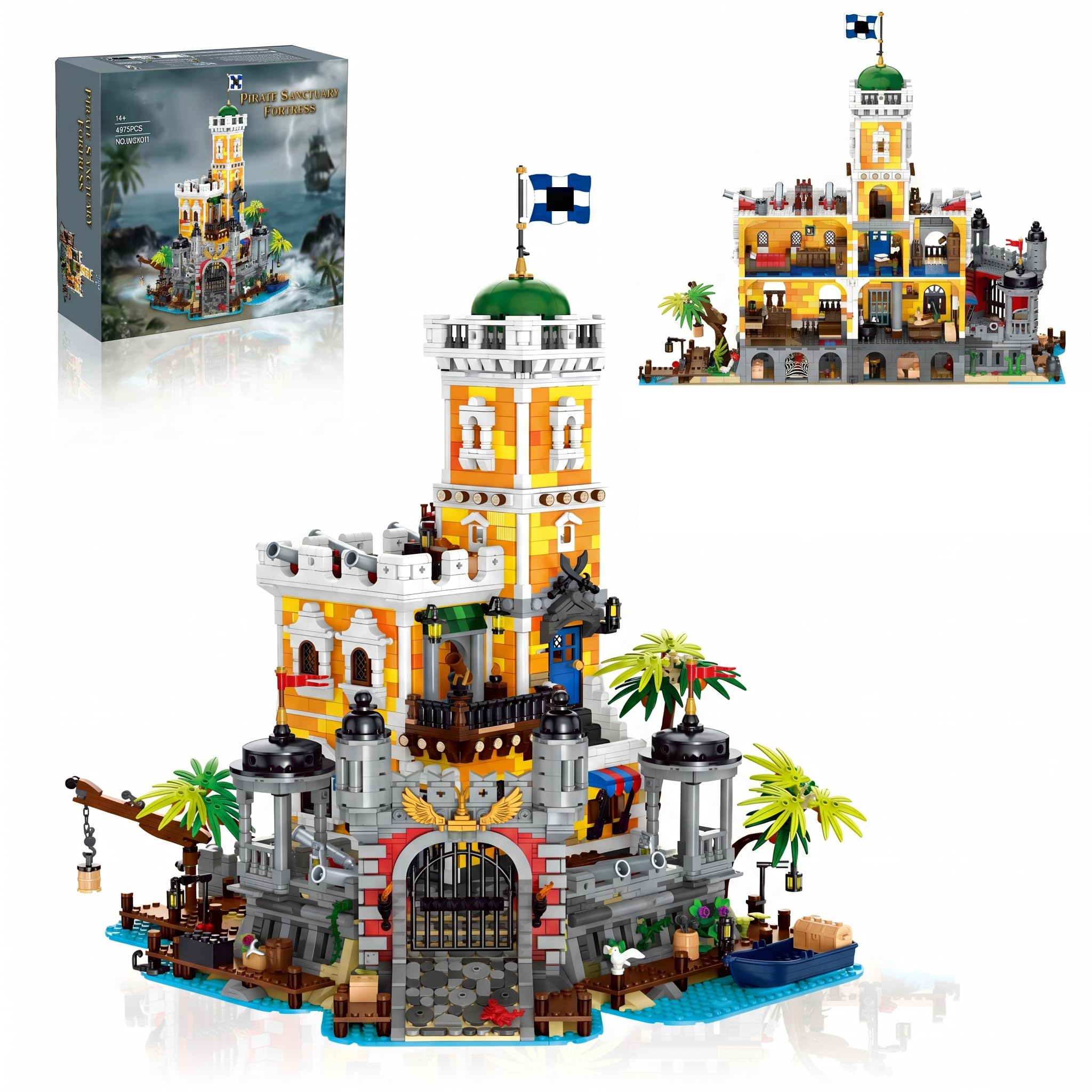 2 in 1 Klemmbausteine Piraten Burg mit LED-Beleuchtung 4975 Teile | Mittelalter Piratenhafen Schloss, Medieval Pirate Castle Modular Buildings für Erwachsene, Kompatibel mit Barweer BWR011