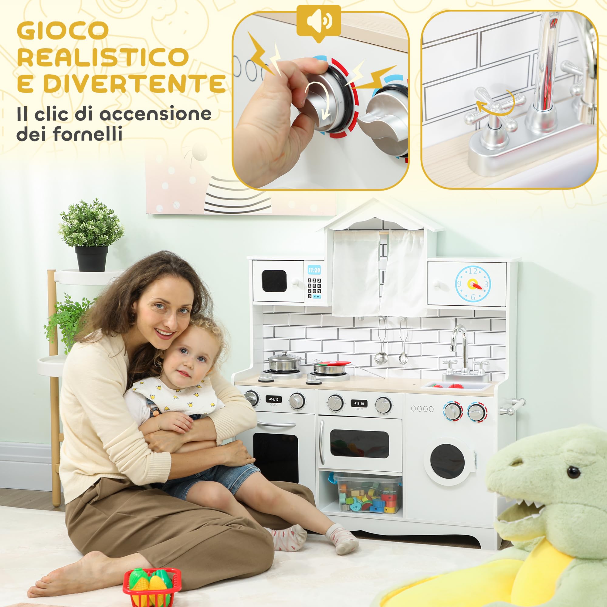 AIYAPLAY Cucina Giocattolo per Bambini da 3-6 Anni Legno Forno Bianco | Set di Accessori in Acciaio, Armadietti, Lavandino, Manopole con Suoni