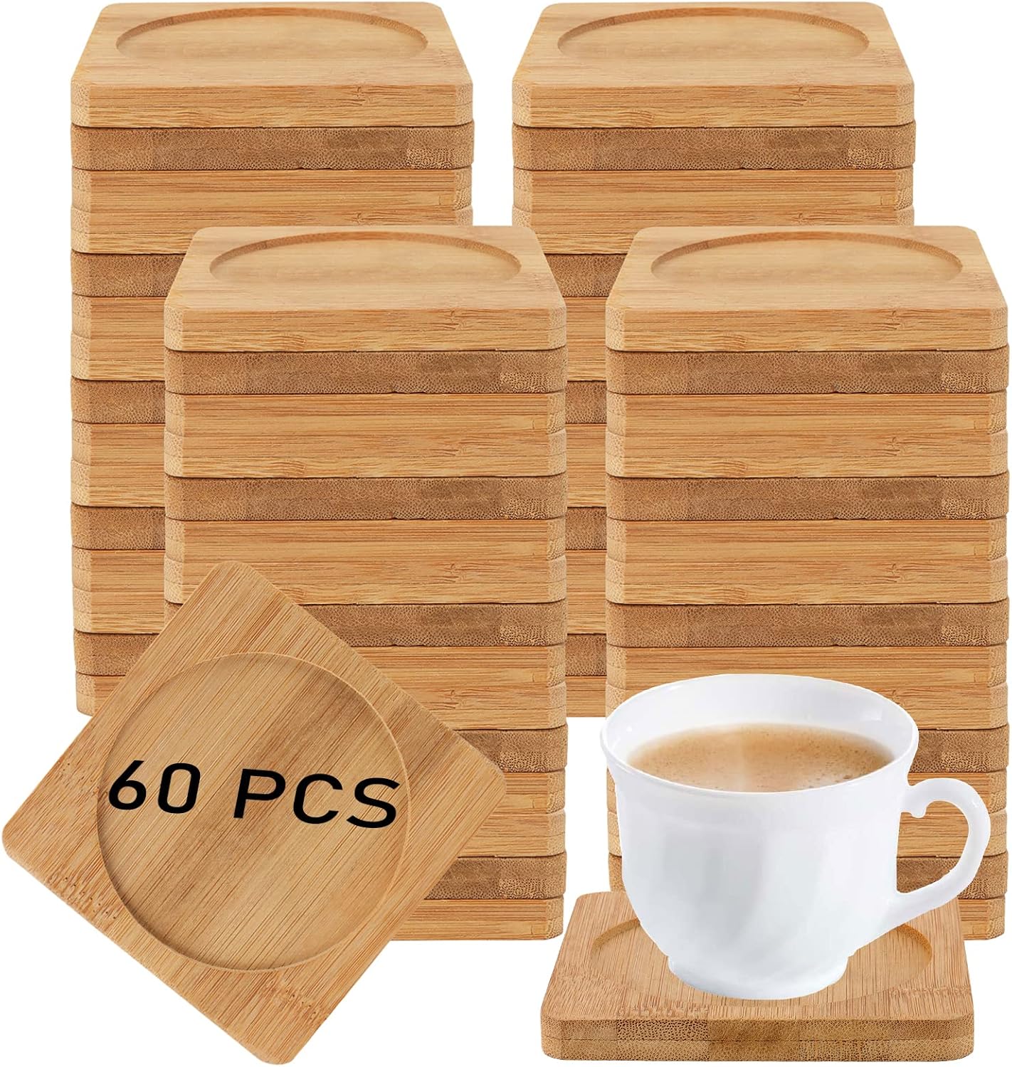 HOIGON 60 Pack 3.7 Inch Bamboo Coasters, Natural Wooden Coasters, Square Bamboo Tray Saucer Set for Drinks, Crafts, Succulents