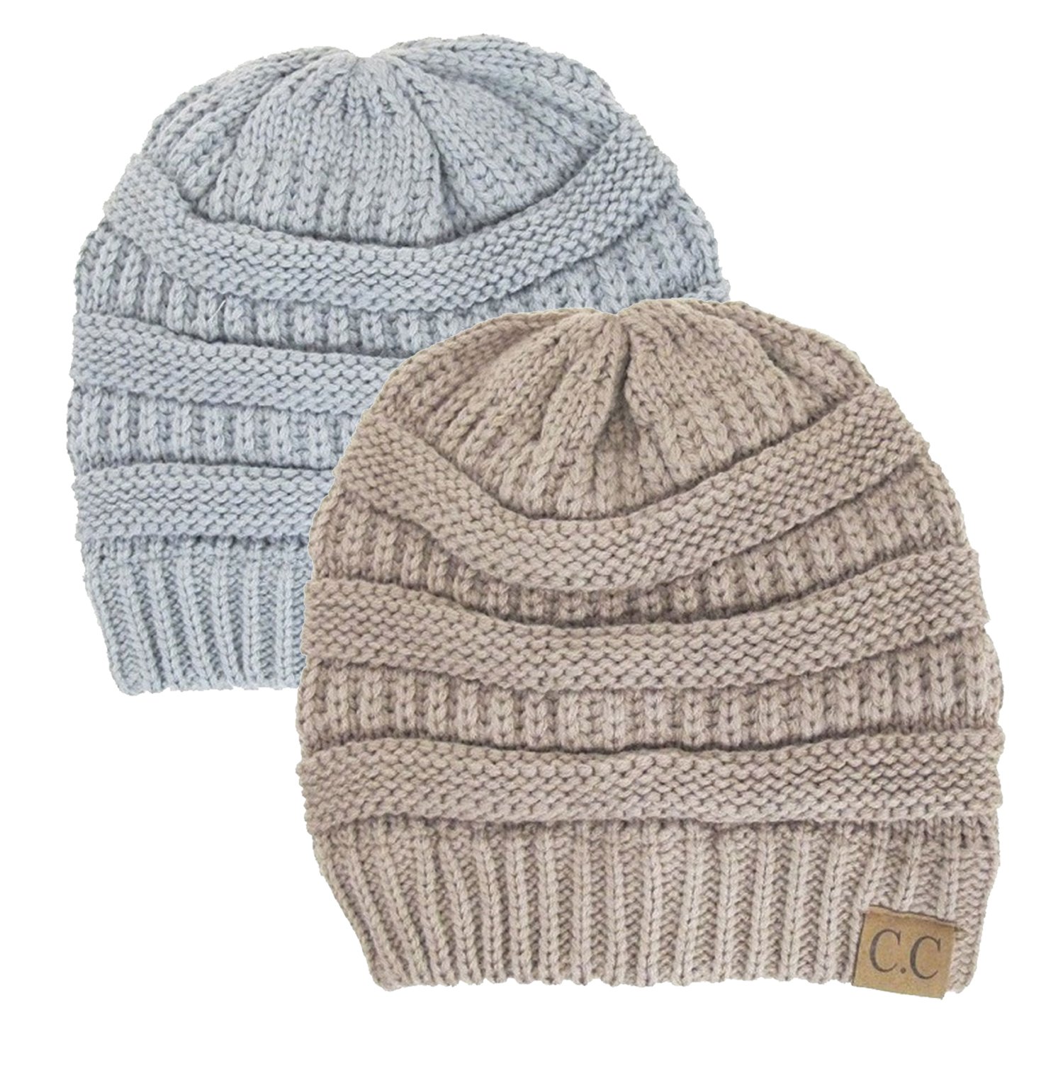 Luxury DivasCharcoal Grey Thick Slouchy Knit Oversized Beanie Cap Hat,One Size,2 Pack: Light Grey/Taupe