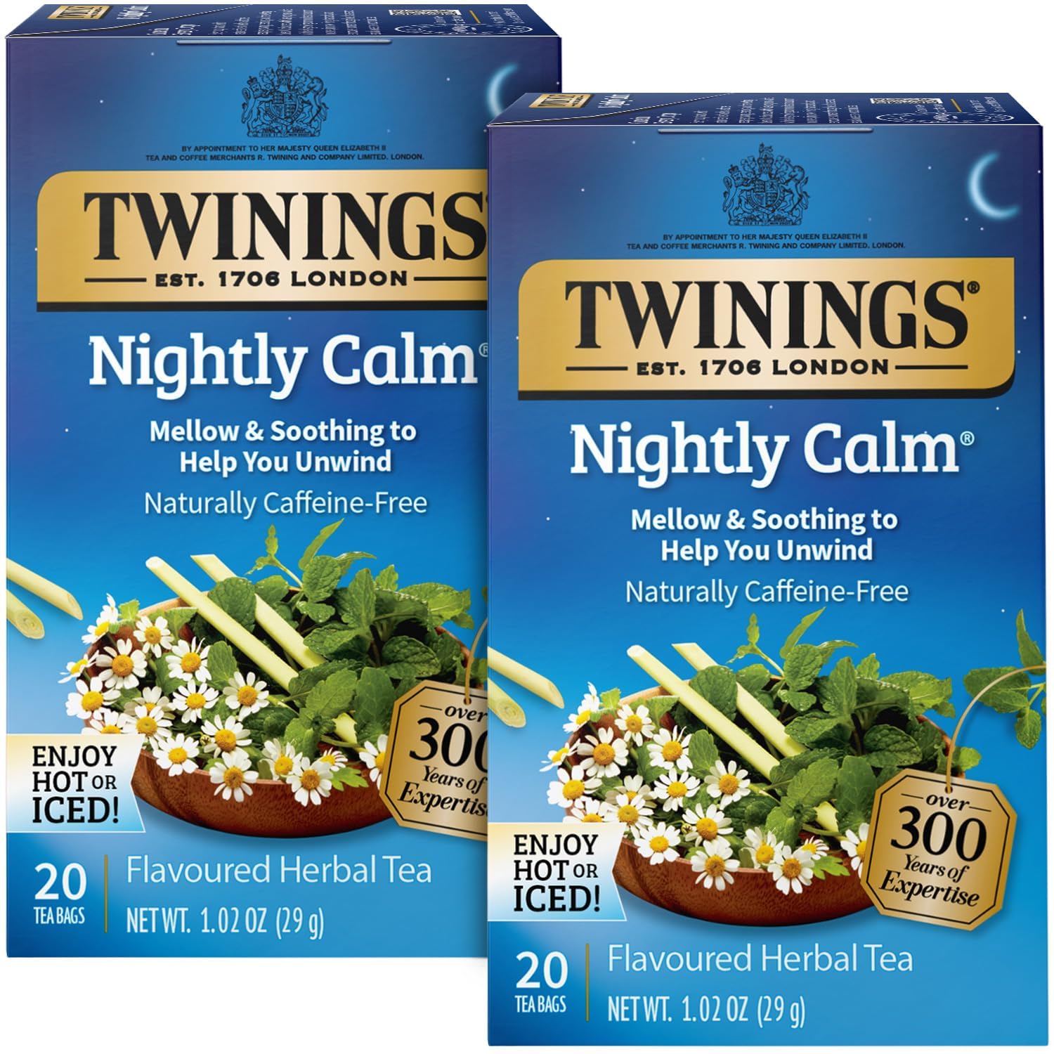 Nightly Calm Herbal Tea Bags 2-Pack – Sleep Tea, Bedtime with Calming Camomile, Spearmint and Lemongrass, Naturally Caffeine-Free, 20 Count Each