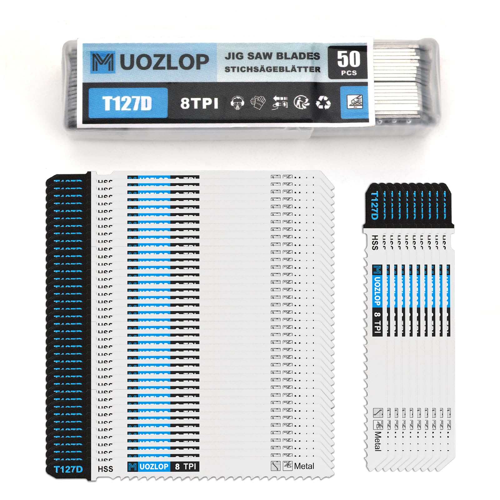 50 lame per seghetto alternativo T127D, 8 lame per seghetto alternativo TPI con custodia, lame per seghetto alternativo con codolo a T, per legno, metallo e plastica (50 pezzi, T127D)