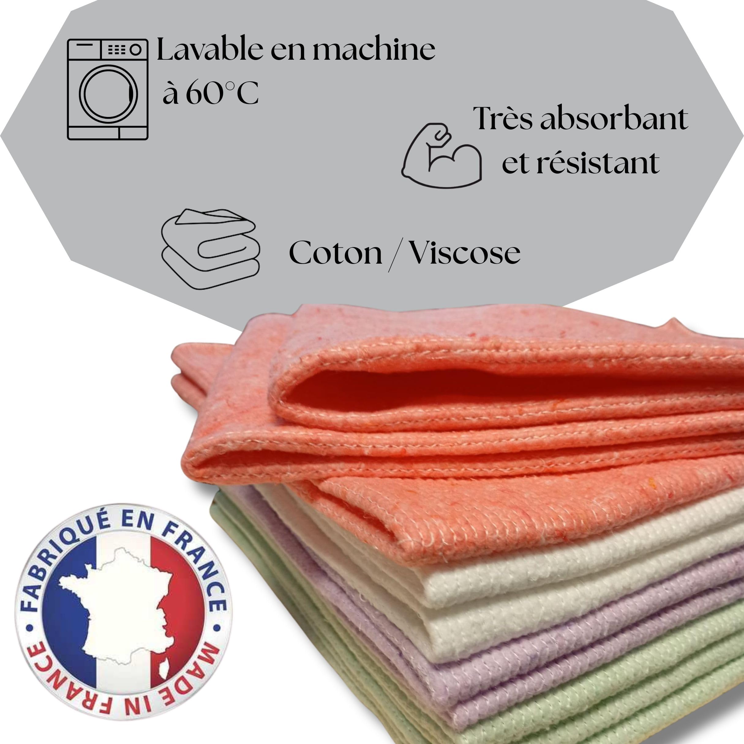 LNT France - Juego de 20 mopas de algodón y viscosa, 50 x 60, fabricadas en Francia, lavable y resistente, muy absorbente