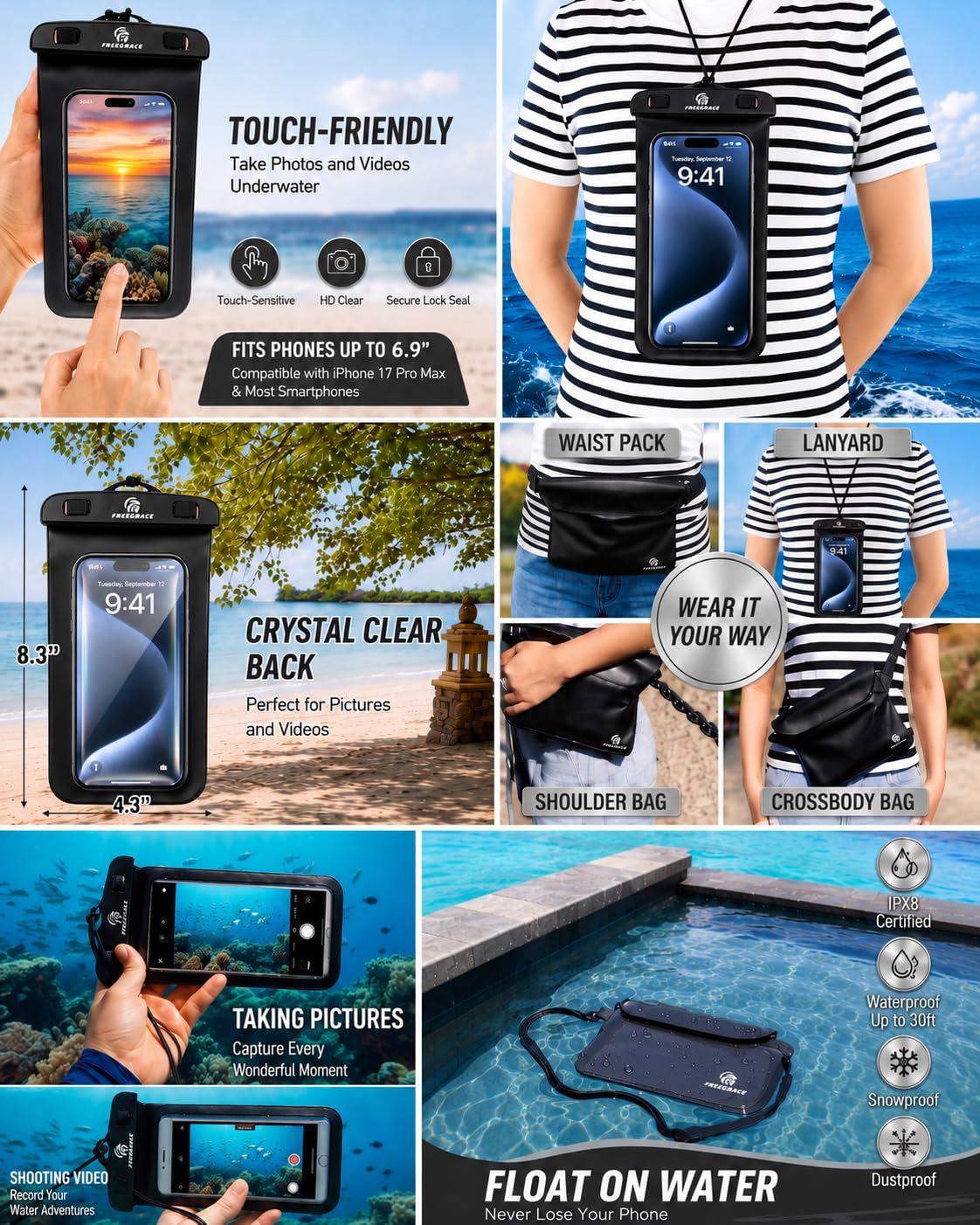 Set de 3 Sacos Secos a Prueba de Agua, por Freegrace – Saco Seco con 2 Sellos Ziplock y Correa Removible. Saco de Cintura y Estuche para Teléfono – Puede Ser Sumergido Bajo el Agua – Para Nadar, Montar Kayak, Montar en Bote, y Hacer Rafting